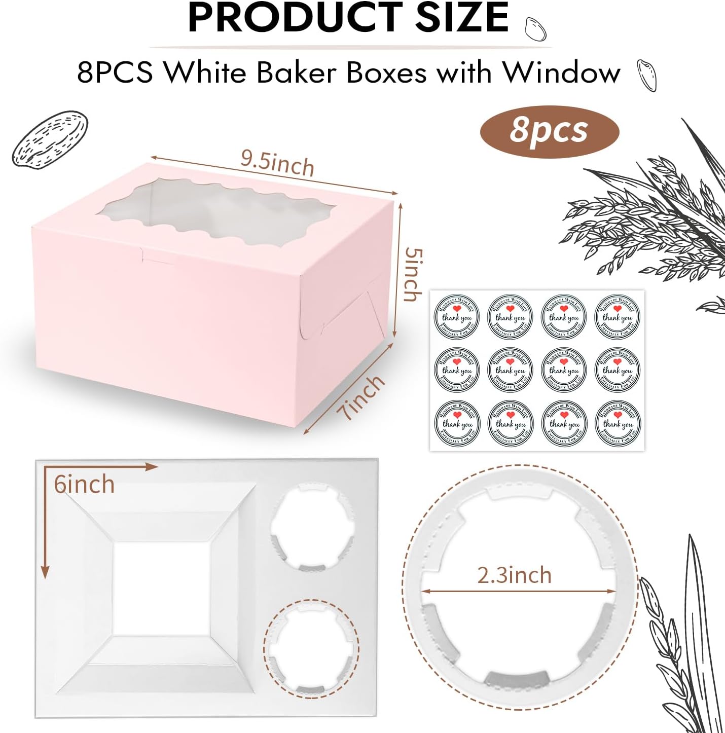 JCD 8Pcs Pink Cake Cupcake Combo Boxes Clear Lid with 2 Cupcake Holes -Clear Window Bento Cake Boxes for Bakery Baking Supplies(Pink 1+2/8Pcs)
