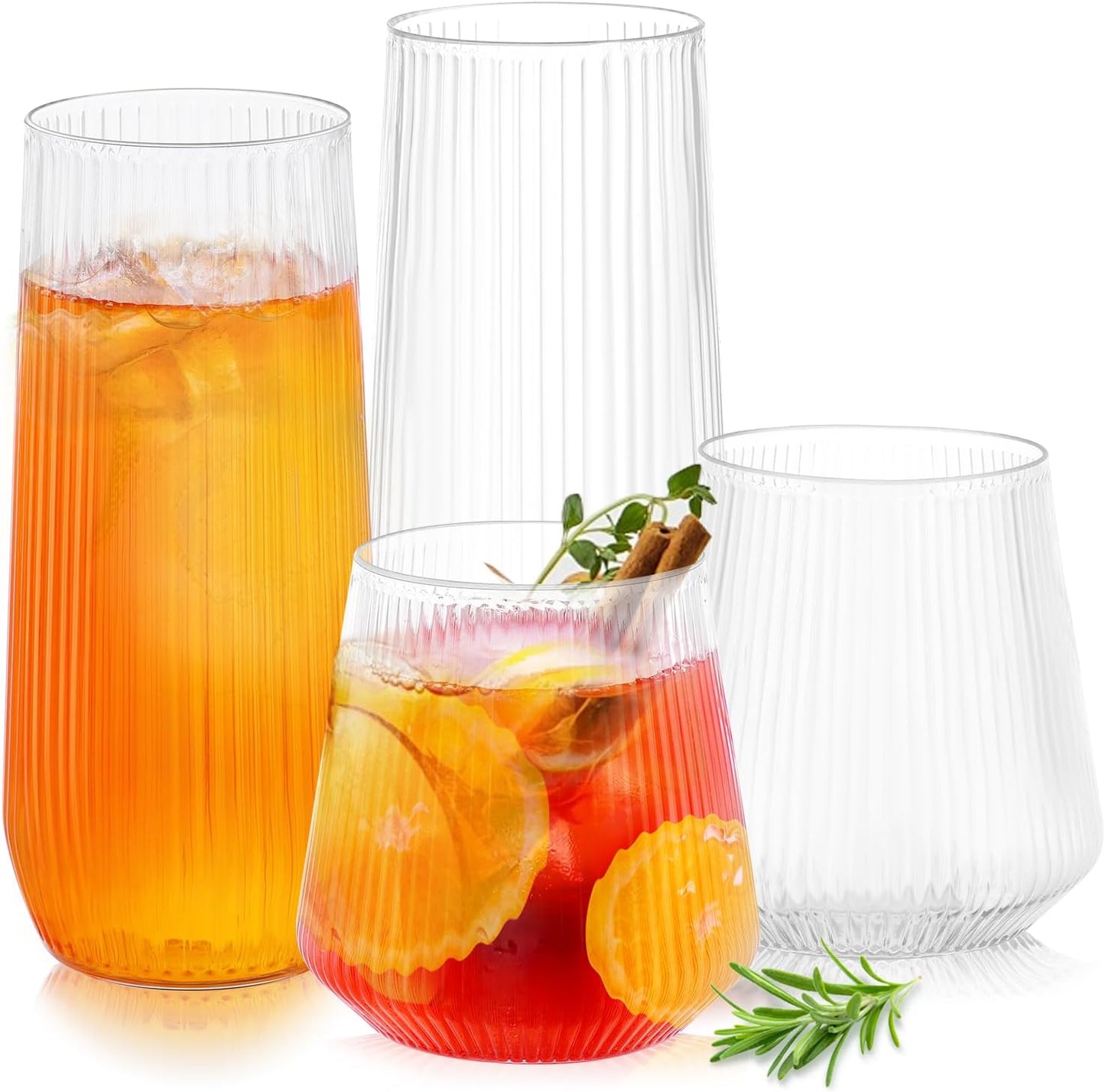 mwellewm 48 Pcs Plastic Wine Glasses Disposable Ribbed Cocktail Cups Set 9 OZ Stemless Champagne Flutes 12 OZ Origami Shatterproof Reusable Clear Party Cup for Wedding Home Office Bar Drinking