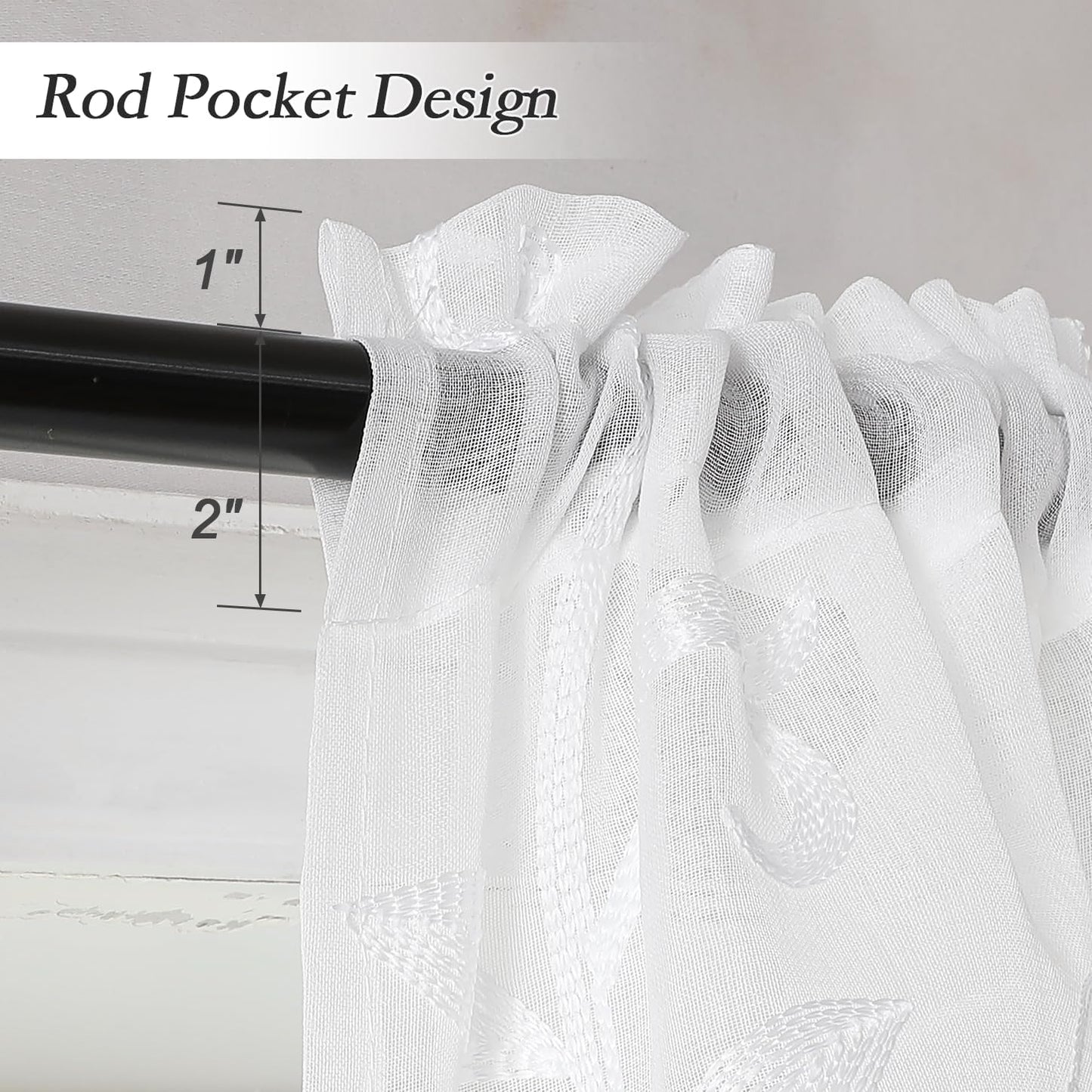 VISIONTEX White Sheer Voile Curtains, Decorative Leaves Embroidery Faux Linen Rod Pocket Window Drapes for Home Kitchen, Living Room and Bedroom 26 x 36 Inch, Set of 2 Curtain Panels