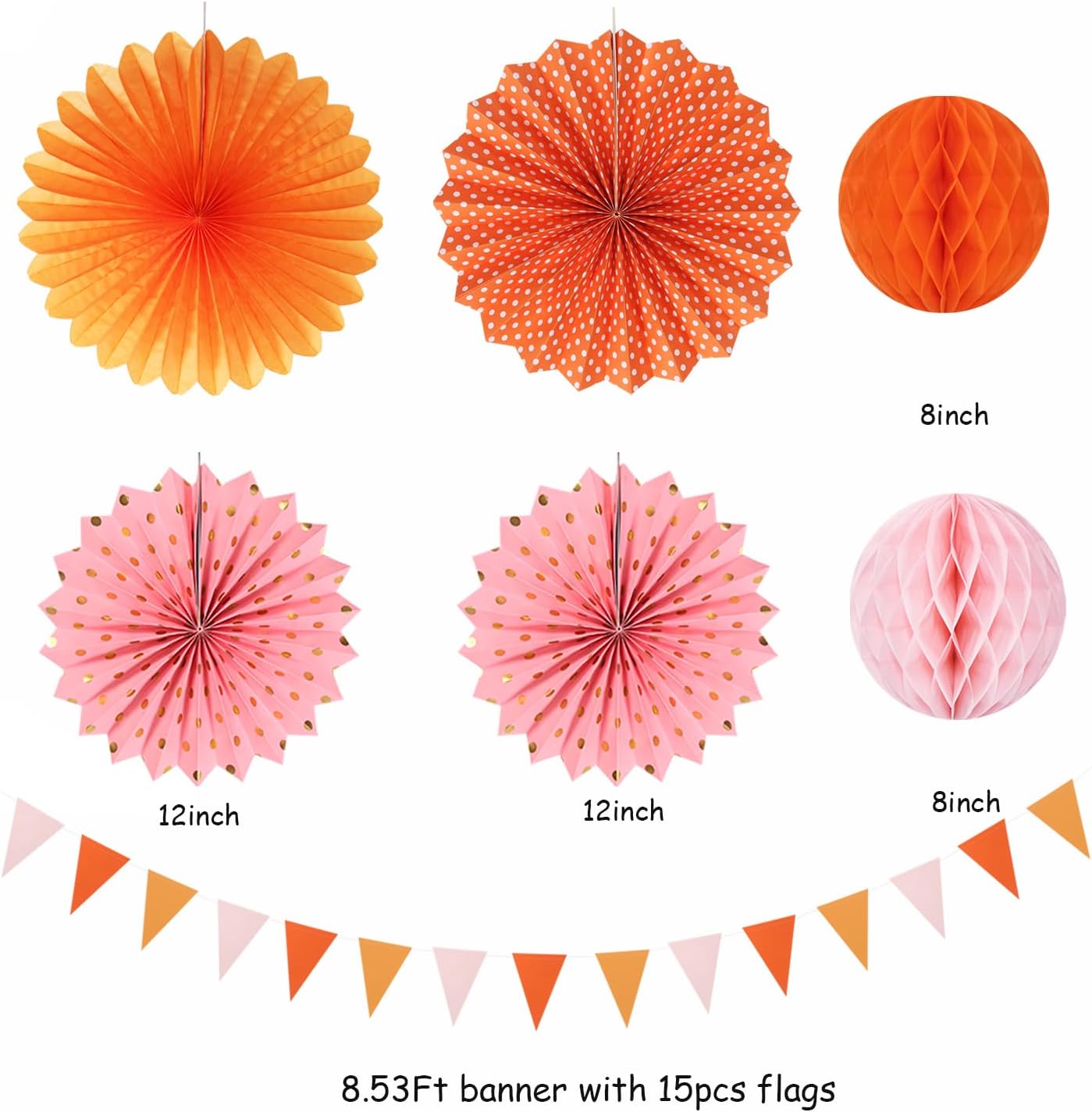 Pink-Orange Groovy Party-Decorations - 20pcs Fall Autumn Thanksgiving Harvest Paper Streamers Lanterns Fans,Tissue Pom Poms,Honeycomb Balls,Bunting,Birthday Baby Bridal Shower Wedding Decor Burgleda