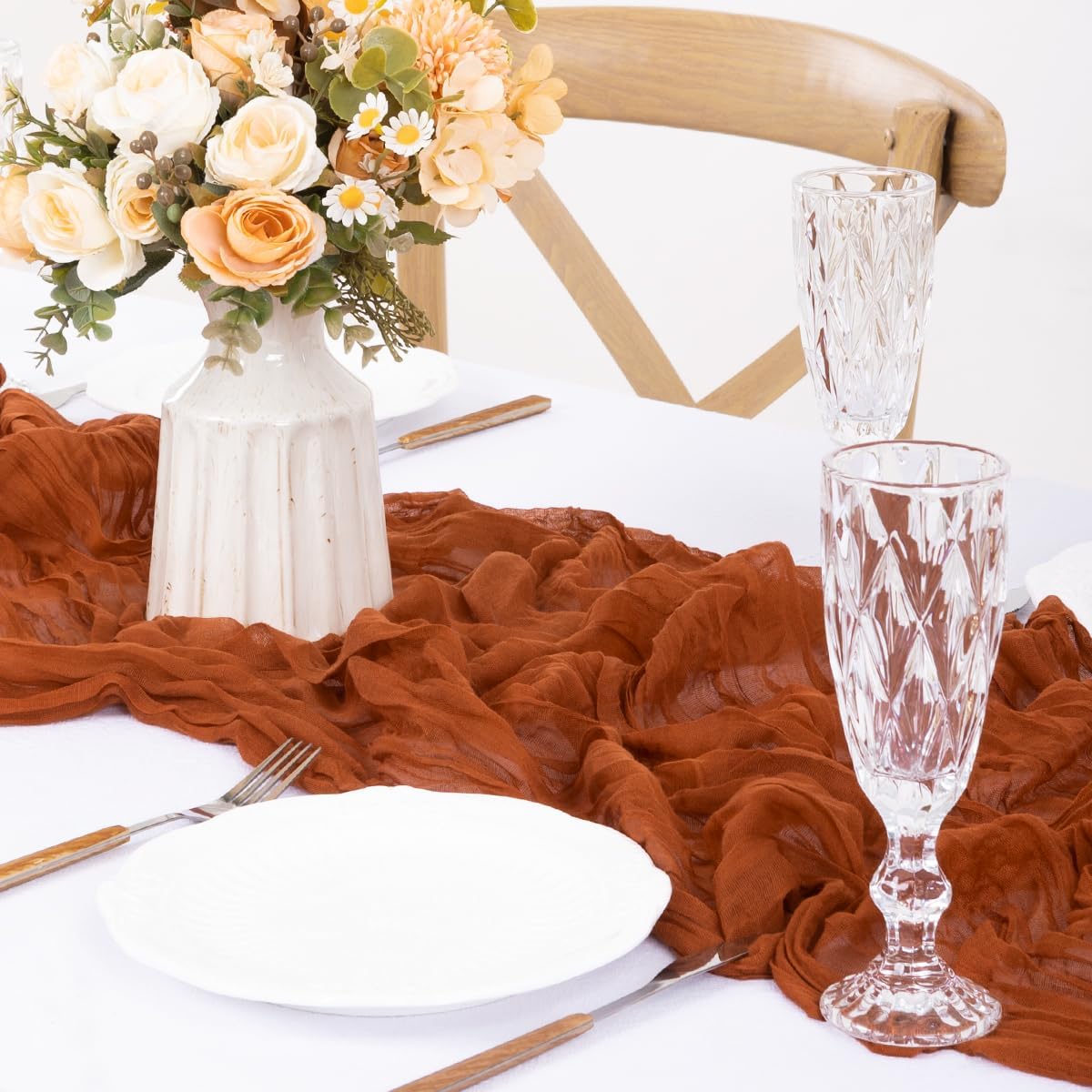 MLMW 3 Pack Fall Thanksgiving Table Runner Cheesecloth Autumn Harvest Rust Terracotta Cheese Cloth Boho Gauze 160 inch Table Runner 13.3ft for Wedding Party Baby Bridal Shower Birthday