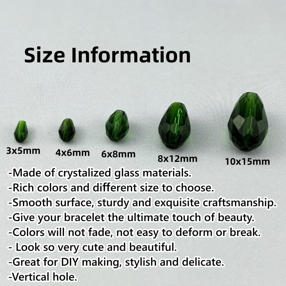 200pcs 3x5mm Teardrop Crystal Glass Beads for Jewelry Making, Faceted Vertical Hole Teardrop Glass Spacer Beads for Wind Chimes Bracelet Earring Necklace DIY Craft(Dark Green)