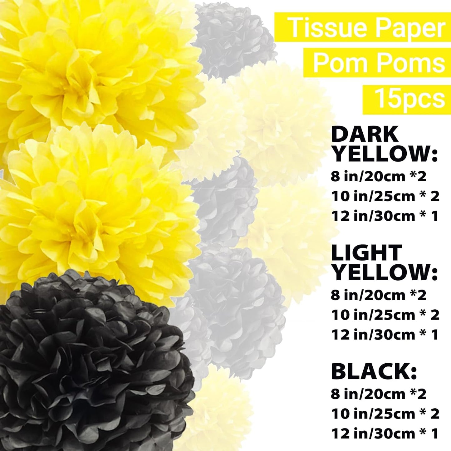 Capesaro Black and Yellow Tissue Paper Pom Poms, 15PCS Tissue Paper Flowers for Birthday Party Decorations, Bee Classroom Decor Wedding Baby Shower Home Decoration