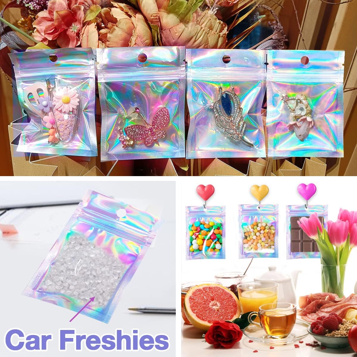 Resealable Foil Pouch Bag [100 PCS ] Great for Party Favor Food Storage (Holographic Color, 3 x 4 Inch)