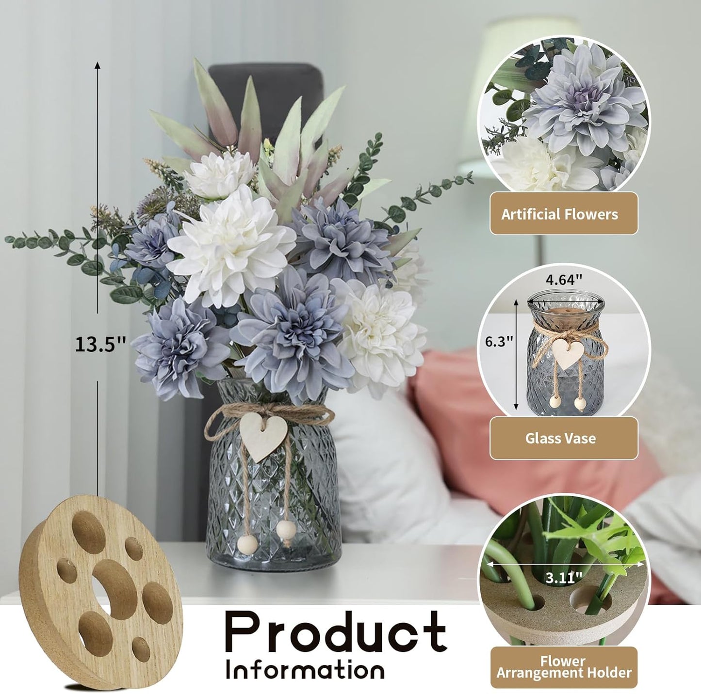 Fake Flowers in Vase,8 Dahlias,Silk Artificial Flowers in Vase,Centerpiece Table Decorations,Faux Flowers in Vase with a Flower Arrangement Holder