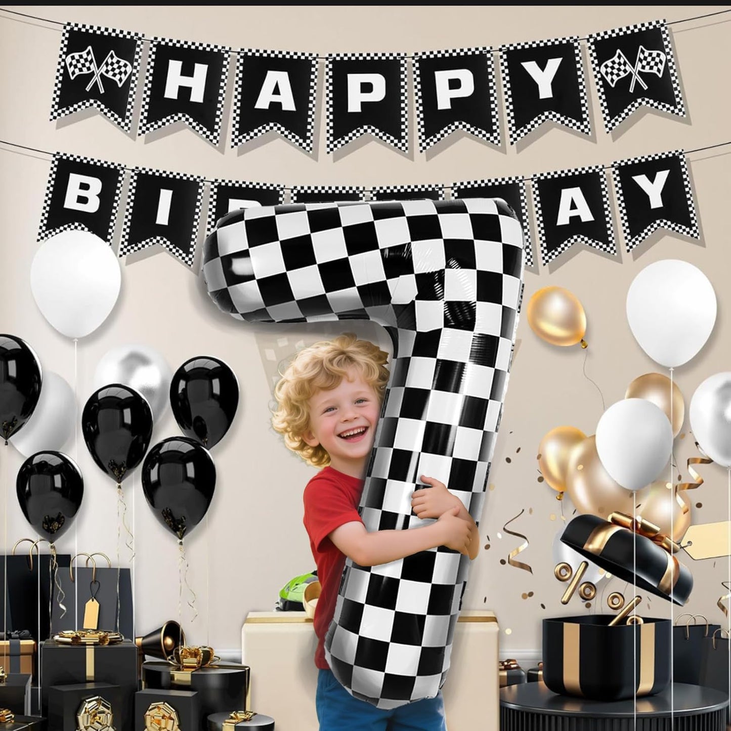40 Inch Checkered Number Balloon - Race Flag Pattern Big Helium Balloon for Birthday Party Decorations - Black & White Balloon for Kids Adults Party Supplies (Racing Car, Number 7)