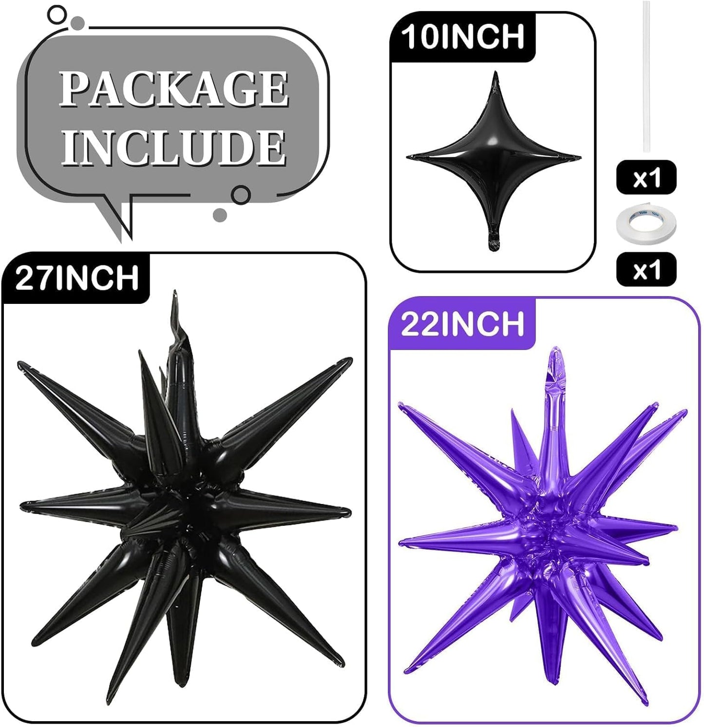 Purple Black Star Balloons 12pcs, 27/22 Inch Foil Star Explosion Balloons, Large Spike Mylar Cone Balloon, Fireworks Shape Balloon Decor for Birthday Halloween Wednesday Graduation
