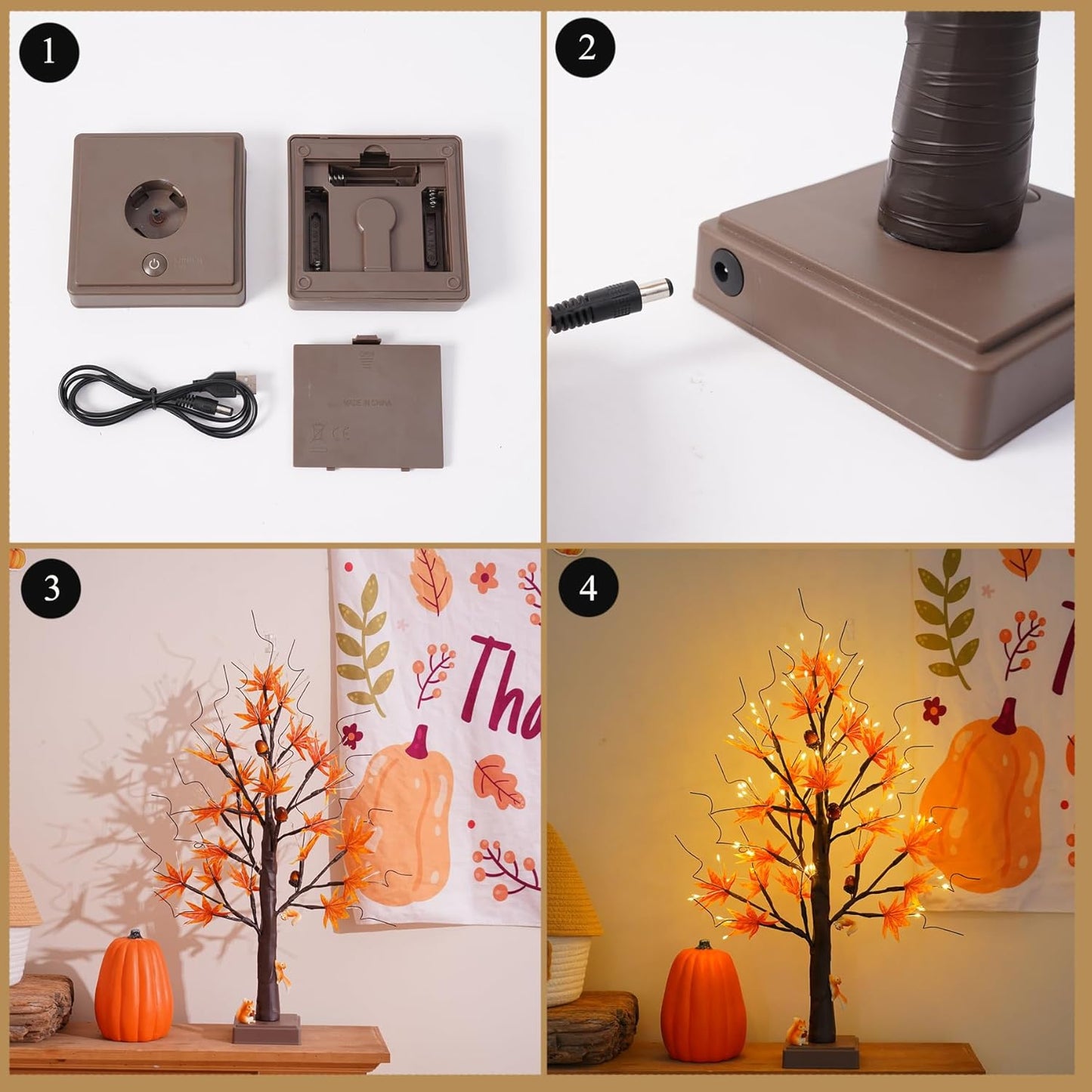 24” 72 LED Fall Decorations for Home, Birch Tree Lighted Fall Maple Leaves Artificial Tree LEDs Autumn and 3 Squirrel,Acorn Ornaments USB/3AA Battery Timer for Gifts Thanksgiving Indoor