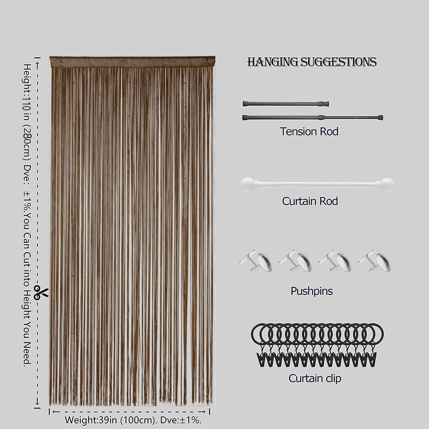 Beaded Doorway Curtain Door Beads Dense String Curtains Fringe Hippie Perfect for Wall Hanging Decor Room Divider Privacy Doors Window Closet Doorways Decorations (100x280cm,Coffee)