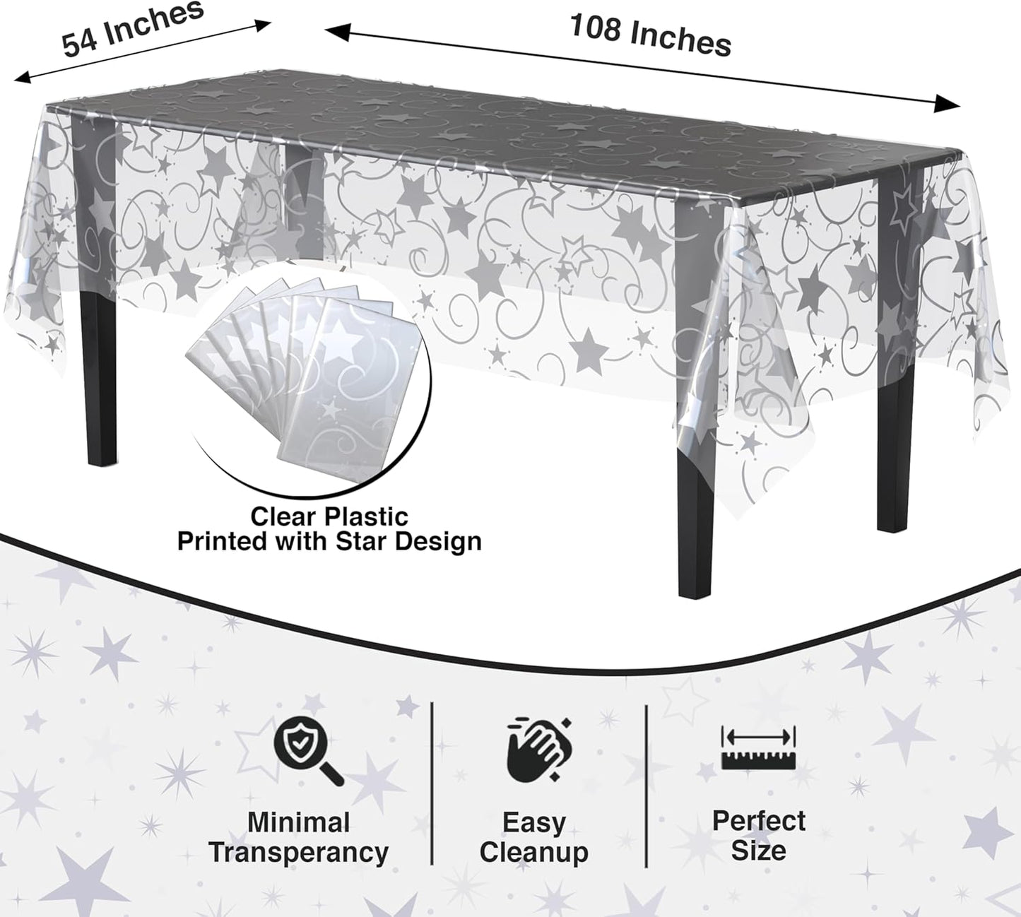 Exquisite Clear Silver Star Tablecloth Plastic 12-Pack Disposable Rectangle Tablecloths 54" x 108" Silver Star Table Cloths Rectangle Table Covers Plastic Tablecloth for Party Decorations