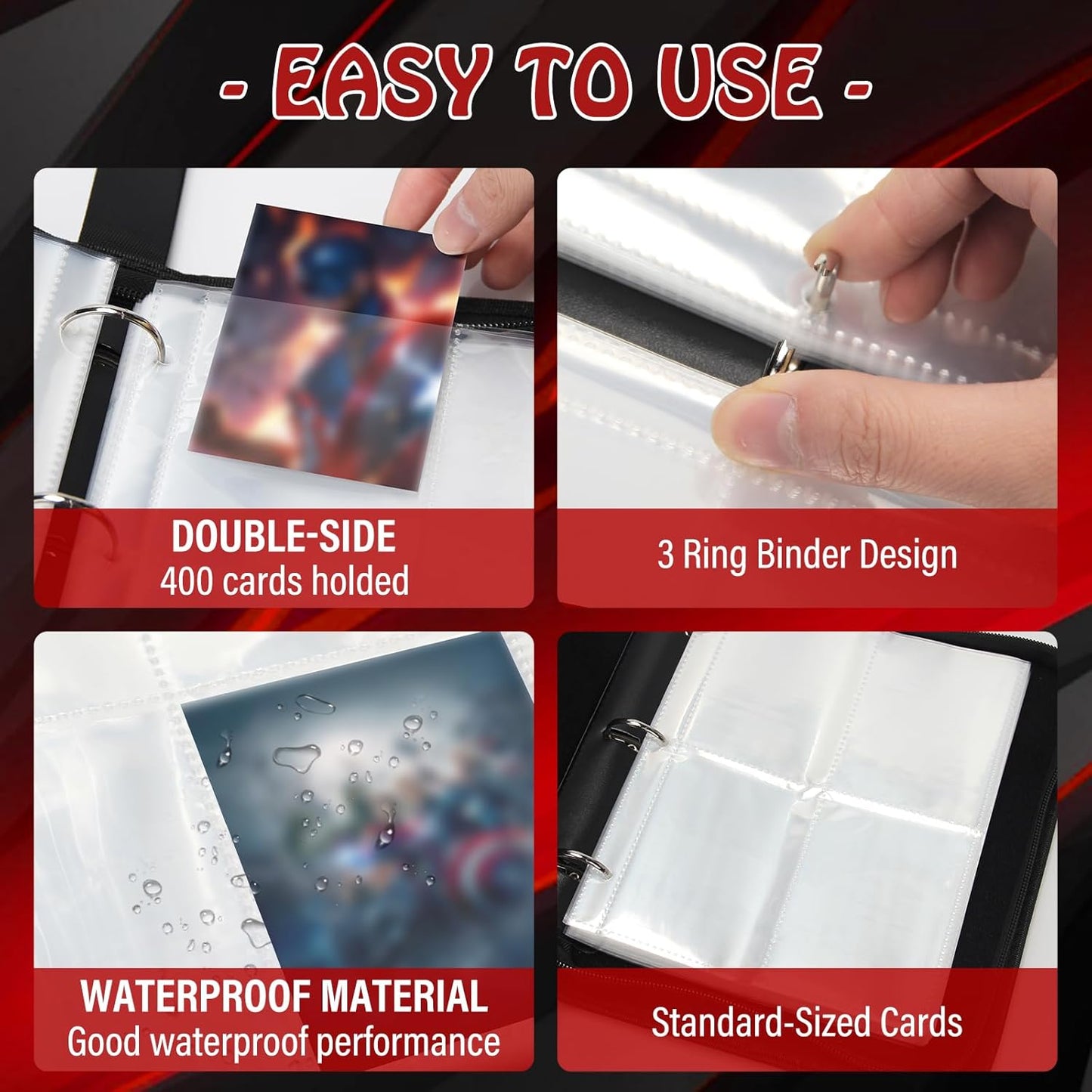 Madrigal Trading Card Binder 4 Pocket,400 Pockets Card Holder with 50 Removable Sleeves,Trading Card Albums for Game Cards,Premium Card Book, Game Cards & Sports Cards Black