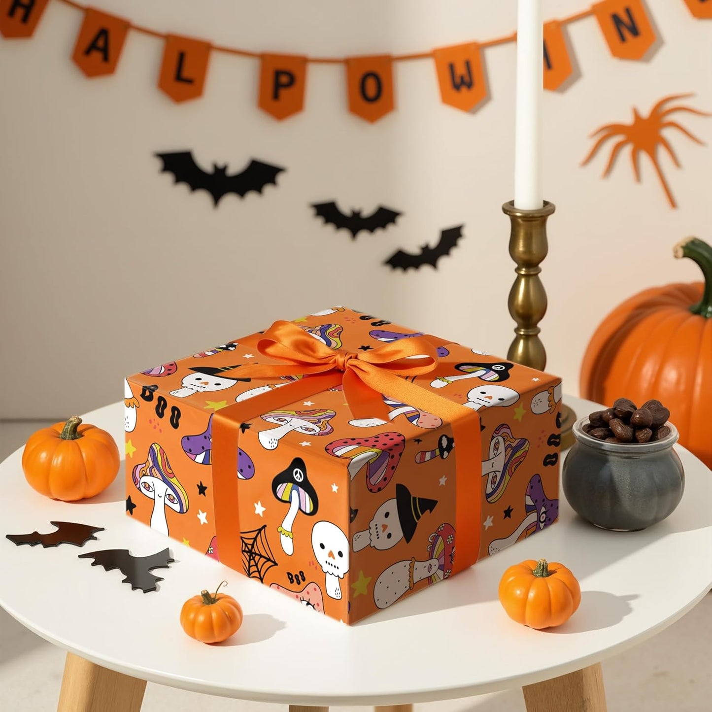 LeZakaa Halloween Creepy Mushroom Wrapping Paper Roll, Mushrooms Design, for Halloween Party, Teens, Adults, Nature Lovers, Mini Roll 17 in x 16.4 Ft