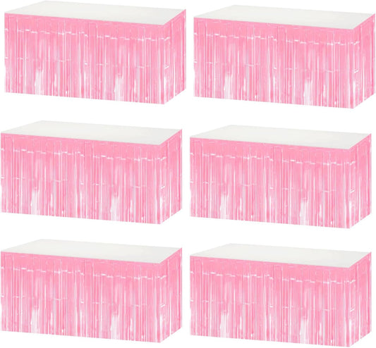 6 Pack 29x108 Inch Metallic Foil Fringe Tinsel Table Skirts Banner for Rectangle Tables Streamer Garland Curtains Backdrop for Birthday, Parade Floats, Valentine's Day Party Decoration(Macaron Pink)
