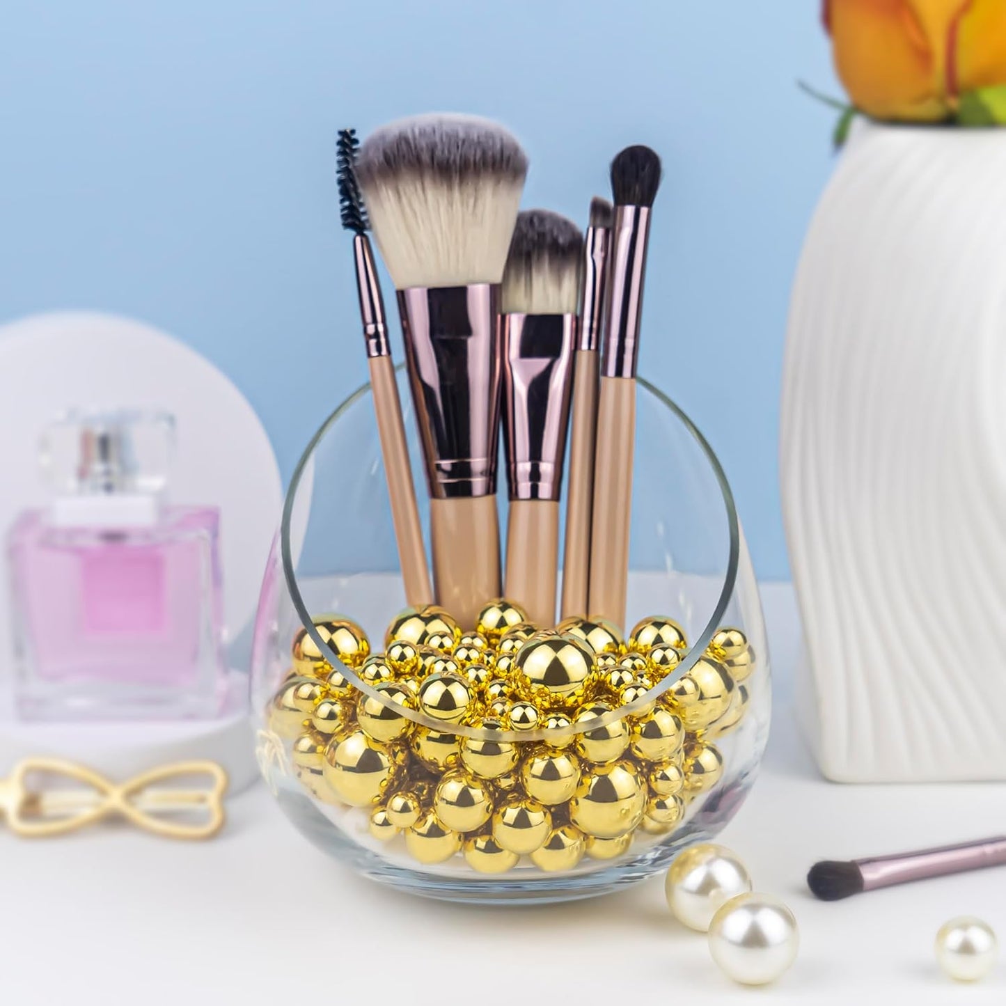 150Pcs Brightgold Polished No Hole Faux Pearl Beads for Vase Filling Decorations, Plastic Pearls Vase Fillers, Table Scatters, Wedding Centerpiece, Home Decor, 8/14/20 mm