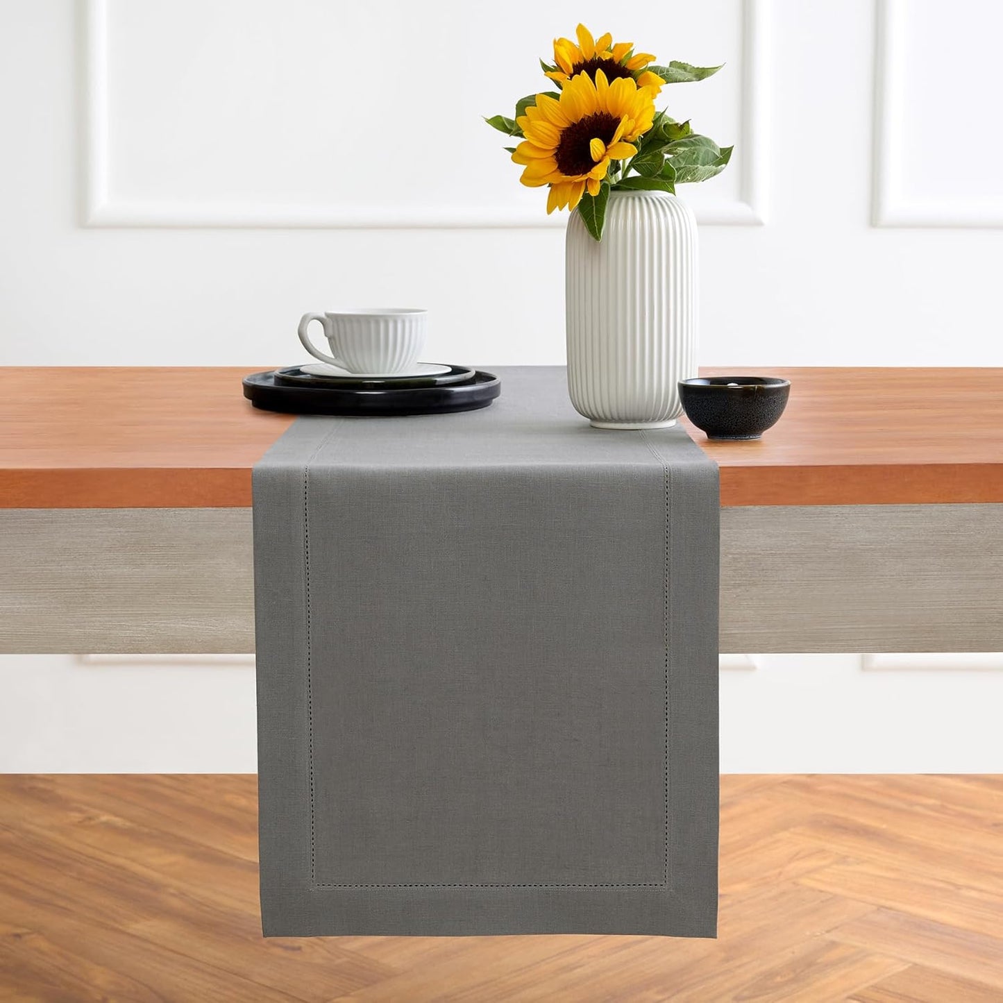 Solino Home Linen Steel Gray Table Runner 72 Inches Long - 100% Pure Linen Hemstitch Table Runner 14 x 72 Inch for Dresser, Dining, Fall, Autumn, Halloween - Classic Hemstitch
