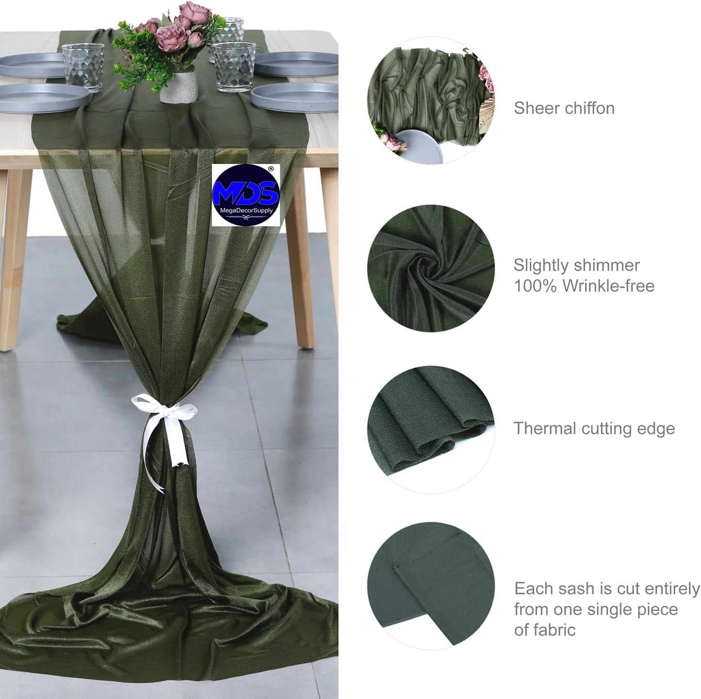 MDS Halloween Chiffon Table Runner - 12 Pack, 29 x 170 Inches, 14ft Each - Sheer Spooky Table Runners for Haunted House Parties, Trick-or-Treat Tables, Witchy Décor, Wedding & Events - Olive Green