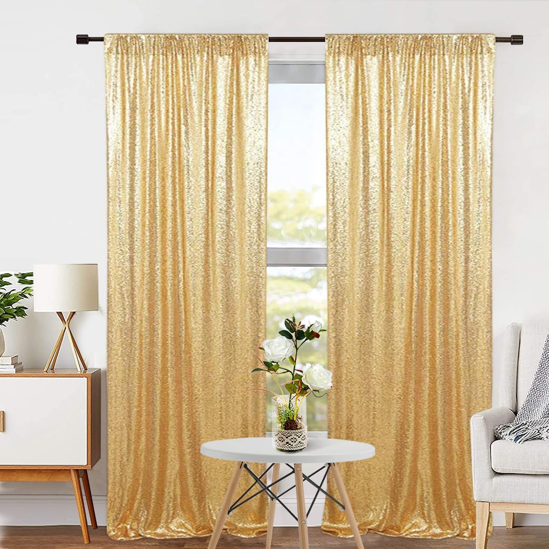 Eternal Beauty Sequin Backdrop Curtains, 2x8 Ft-2 Panels Gold Back Drop for Shimmer Photography Party Wedding Birthday Decor