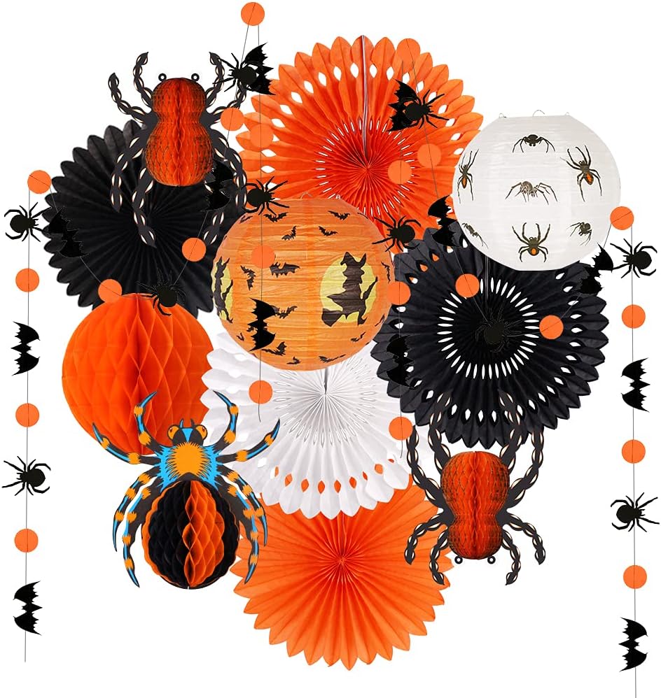 Halloween Party Decorations, Hanging Spider Bat Paper Lanterns Spiders Honeycomb for Halloween Home Decor Birthday Party Supplies Props (Orange, Black)
