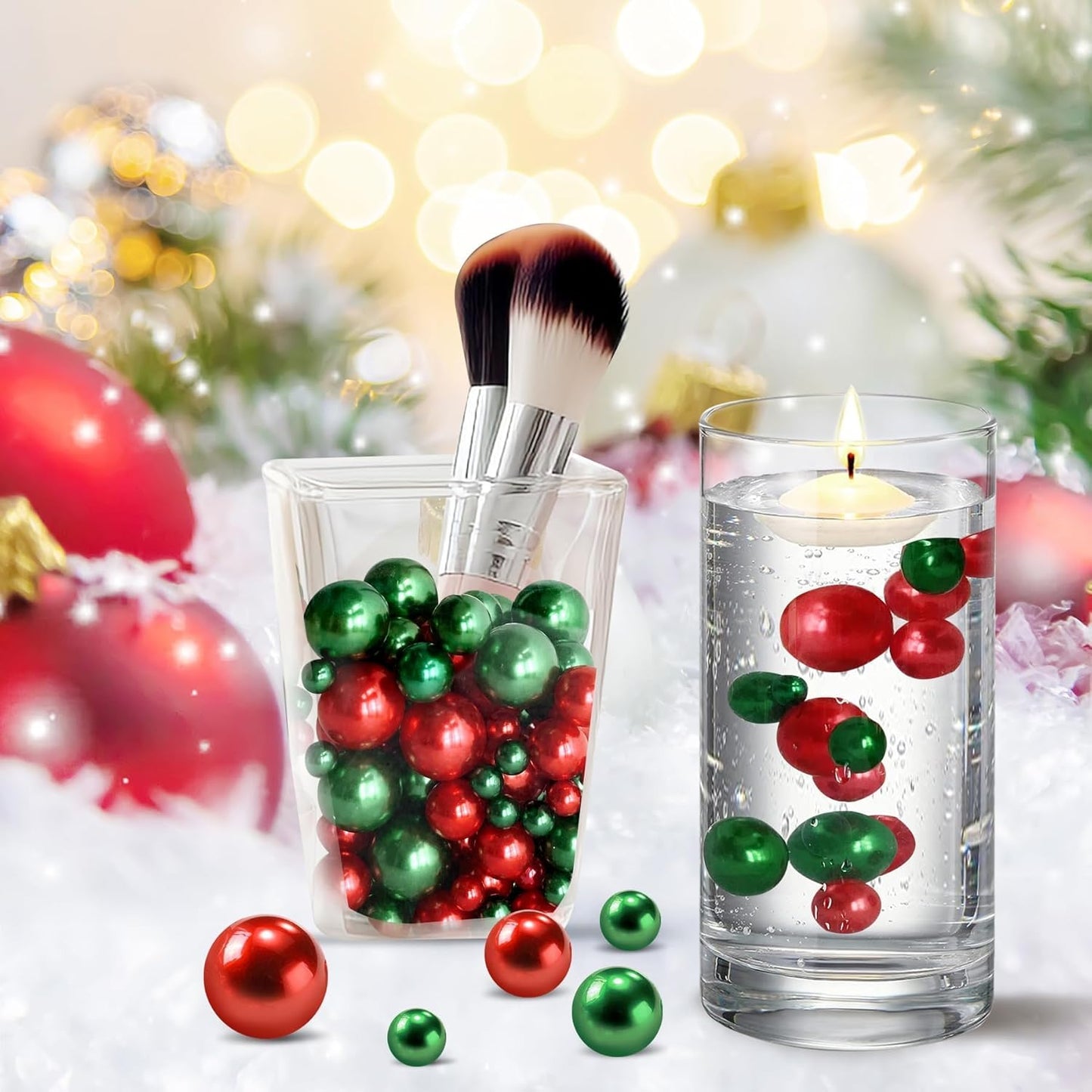 150Pcs Red&Green Polished No Hole Pearl Beads Vase Filler, Christmas Vase Filling Decorations, Plastic Pearls, Table Scatters, Wedding Home Decor, 8/14/20 mm