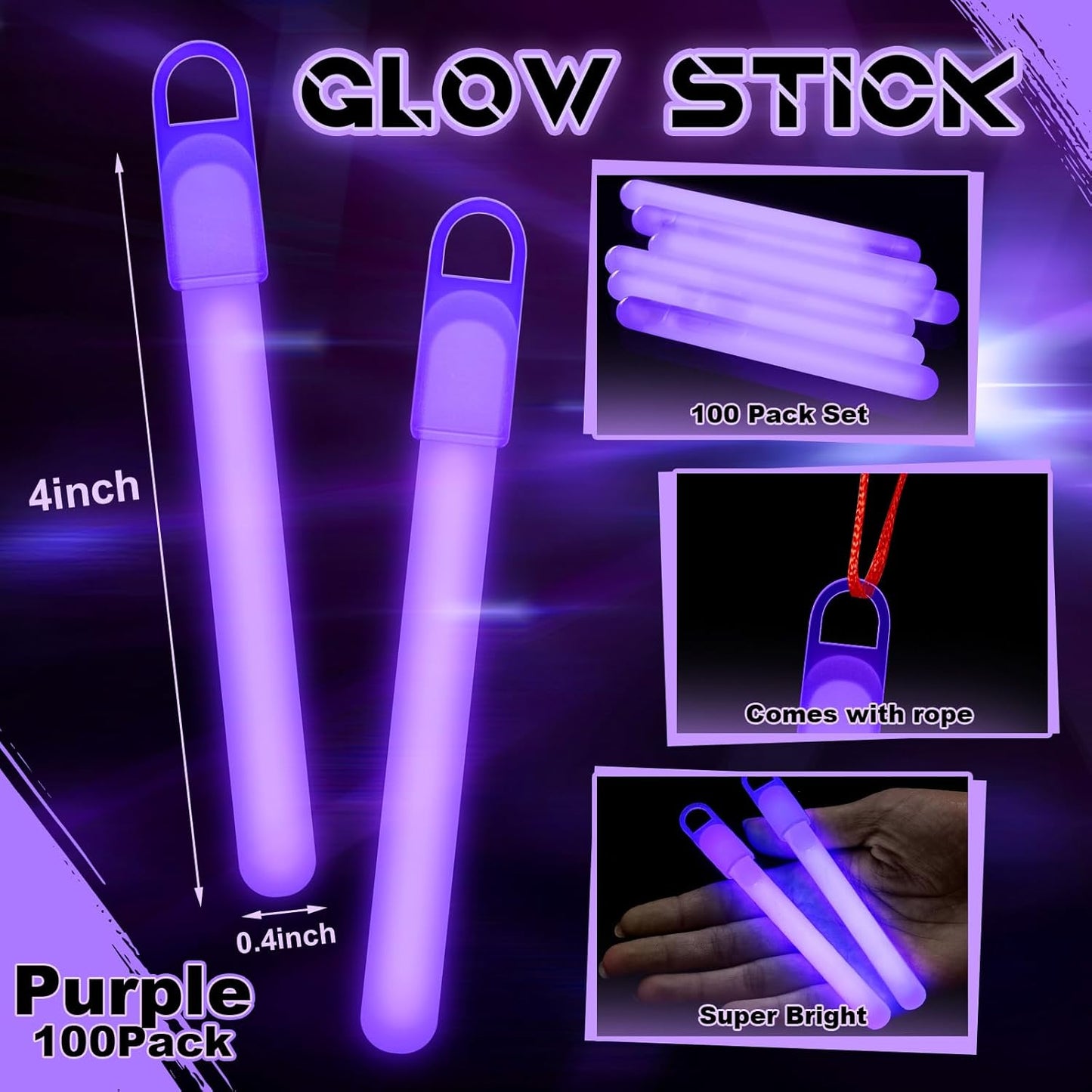 Lewtemi 4" or 6" 100 Pack Bright Glow Sticks Bulk, Glow in The Dark Party Supplies Birthday and Holidays Party Favors