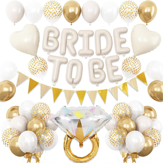 Sand White Bachelorette Party Decorations, Nude White Bride To Be Bridal Shower Balloons Decorations, White and Gold Balloons with Diamond Ring Cream Heart Balloons for Bachelorette Engagement Wedding