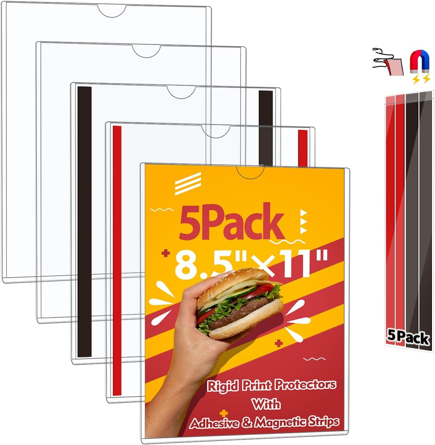 Magnetic Sign Holder 8.5 x 11 - Rigid Plastic Wall Sign Holder Reusable Adhesive Frames, Magnetic Frame for Refrigerator Door Window, Clear Rigid Print Protectors for Paper Picture, 5 Pack