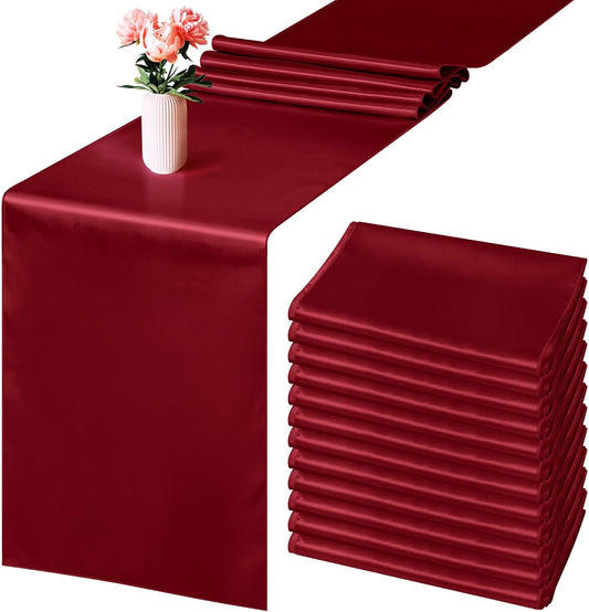 Aneco 16 Pack Satin Table Runner 12 x 108 Inch Burgundy Long Wedding Satin Silk Table Runner for Wedding Banquet Graduations Birthday Party Decoration