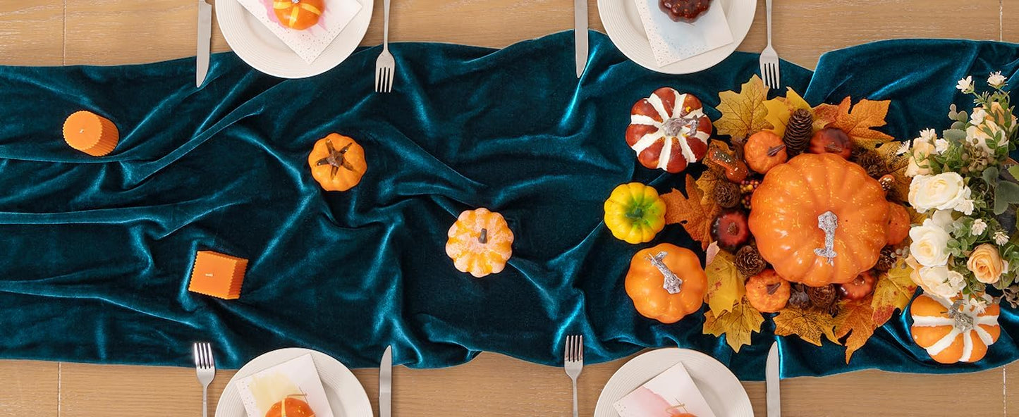 Peacock Green Velvet Table Runner Fall Thanksgiving Turquoise Table Runner 20 x 120 Inch Luxurious Elegant Velvet Fabric Table Decorations for Christmas Dinner Wedding Bridal Baby Shower