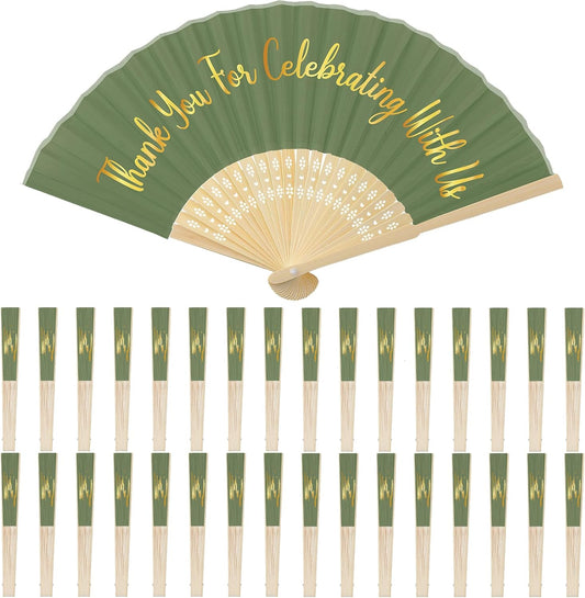 Jetec 50 Pcs Wedding Fans for Guests Bulk Silk Hand Fans Handheld Folded Thank You for Celebrating with Us Wedding Favors for Bridal Bridesmaid Baby Shower Dancing Party Church Gift(Dark Green)