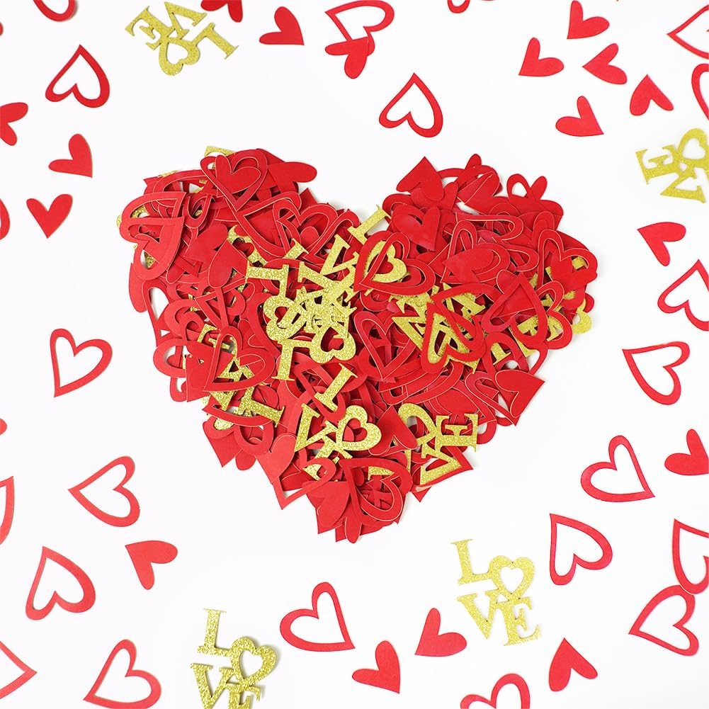 200 Pcs Heart and Love Decorations, Red and Gold Glitter Letter Confetti, Bed Table Scatter Sprinkles for Valentine's Day, Mother's Day, Wedding, Engagement Party Supplies