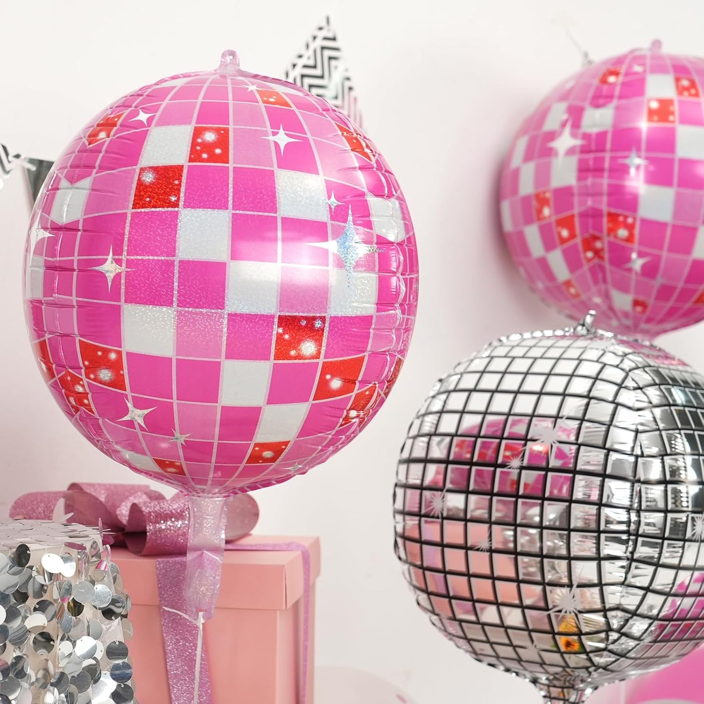 Disco Ball Balloons Pink 4PC,Foil Disco Balloons 22 Inch 4D Round Pink Balloon for 70s 80s Birthday Bachelorette Graduation Decorations