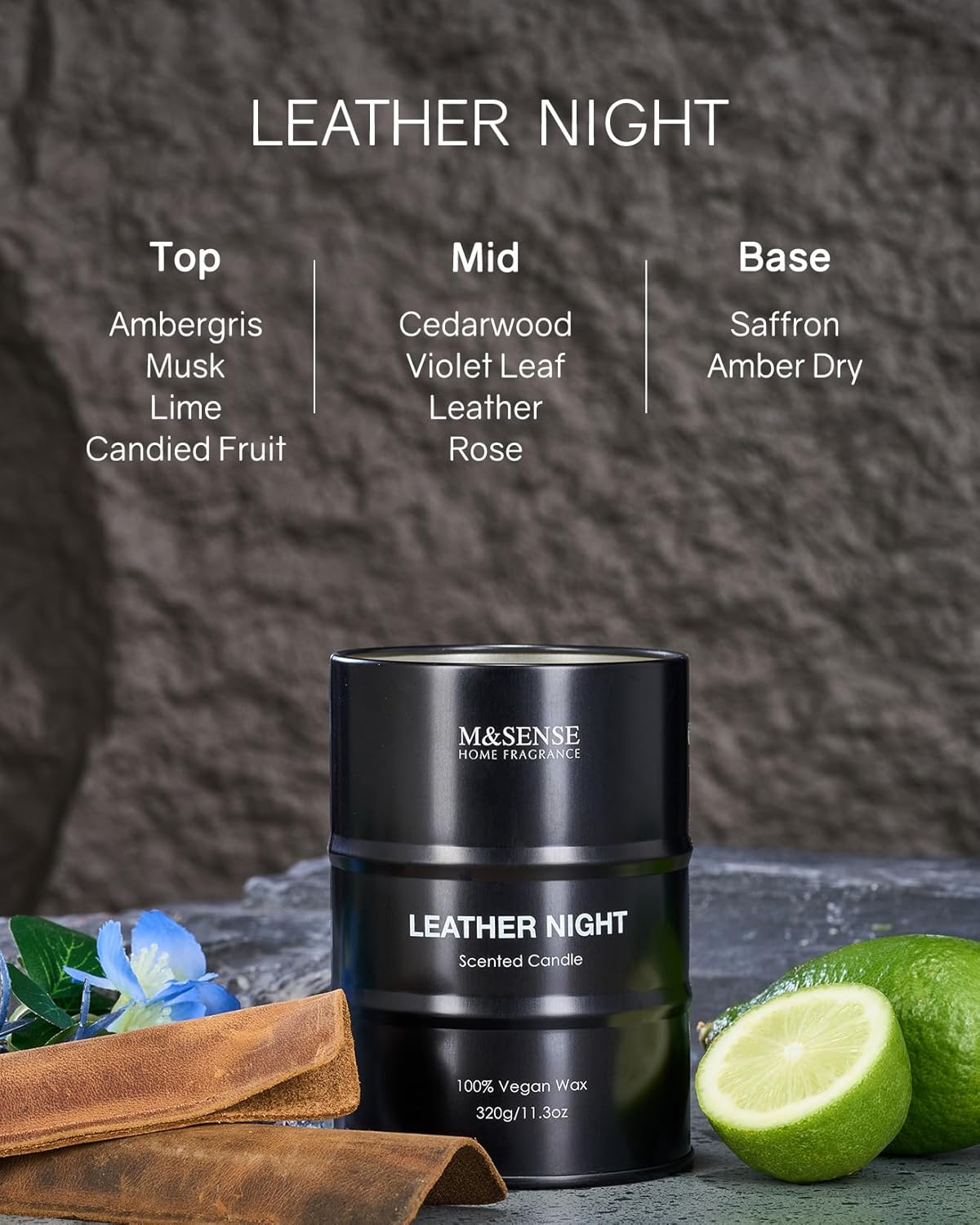 M&SENSE Scented Candle, Leather Medium Jar Candle Gifts for Men, 70 Hours Slow Burning Natural Soy Candles 11.3oz, Stress Relief Aromatherapy Candles Home Decor, Valentines Day Gifts for Him