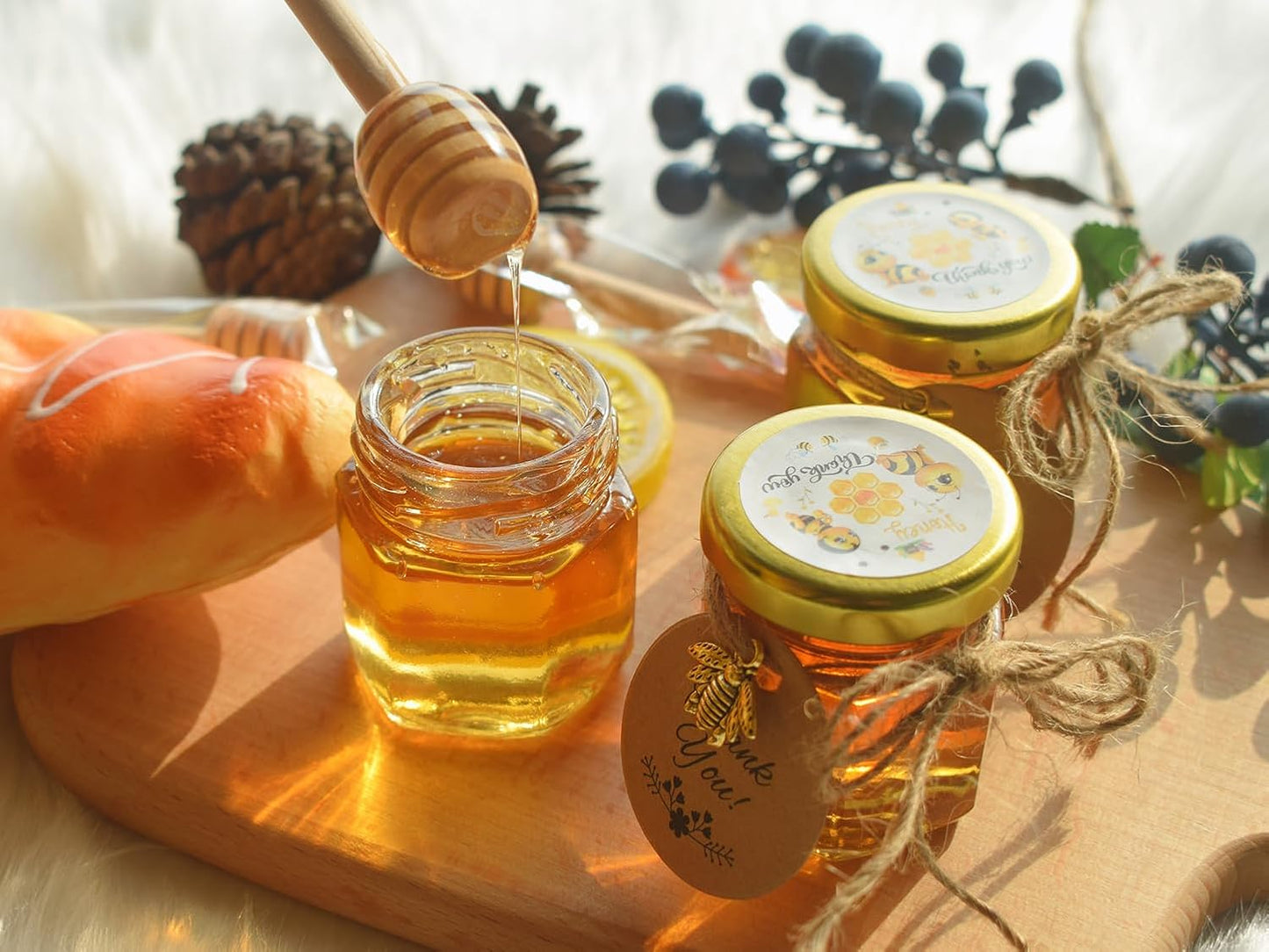 IIKUM 20 Pack Glass Honey Jars, 1.5 oz Hexagon Honey Pots with Lids, Wooden Dippers, Bee Pendants, Gift Bags, Thank You Cards, Jutes and Stickers-Ideal Gift for Baby Shower, Wedding and Party Favors