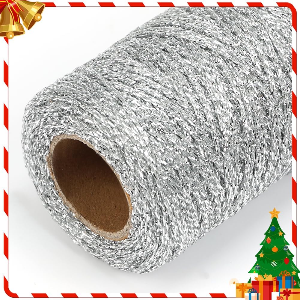 Tenn Well Metallic Silver Twine, 328 Feet 1mm Craft String for Gift Wrapping, Christmas Ornaments, Holiday Decorations, DIY Crafts