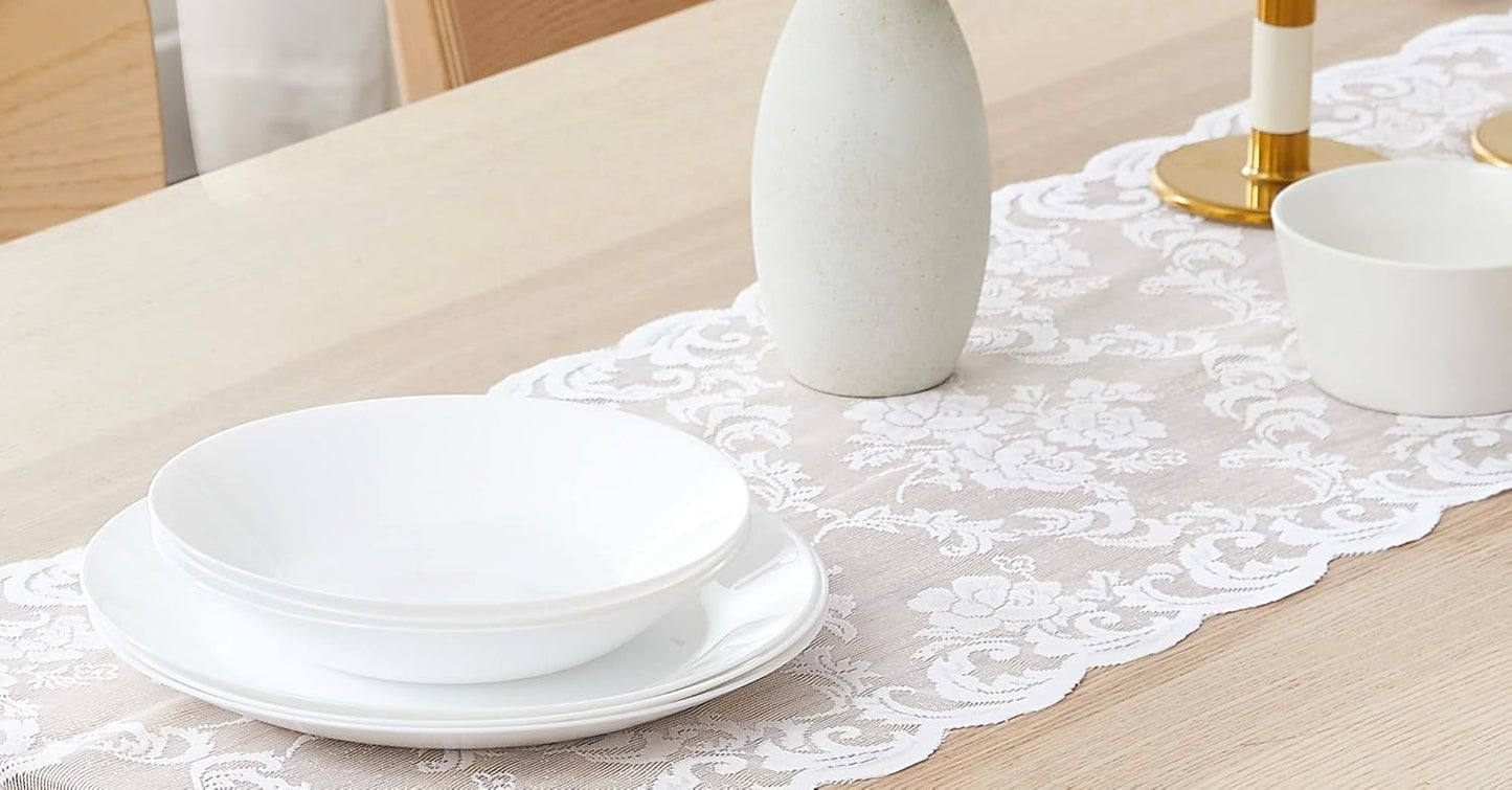 LinenZone White Table Runner with 2 Tassels for Rustic Vintage Decor. Lace Table Runner Works Great As Wedding, Thanksgiving, Christmas Decor(Mia 14 x 48, White)