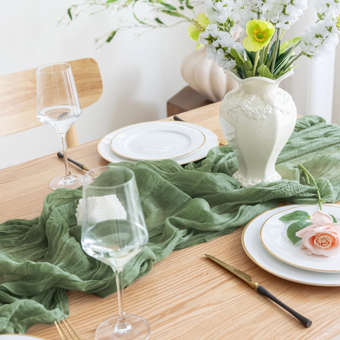 Asee'm 4pcs Cheesecloth Table Runner 120 Inches Sage Green Boho Gauze Cheese Cloth Runner 10FT Rustic Sheer Table Runners for Summer Wedding Baby Shower Holiday Party Decoration