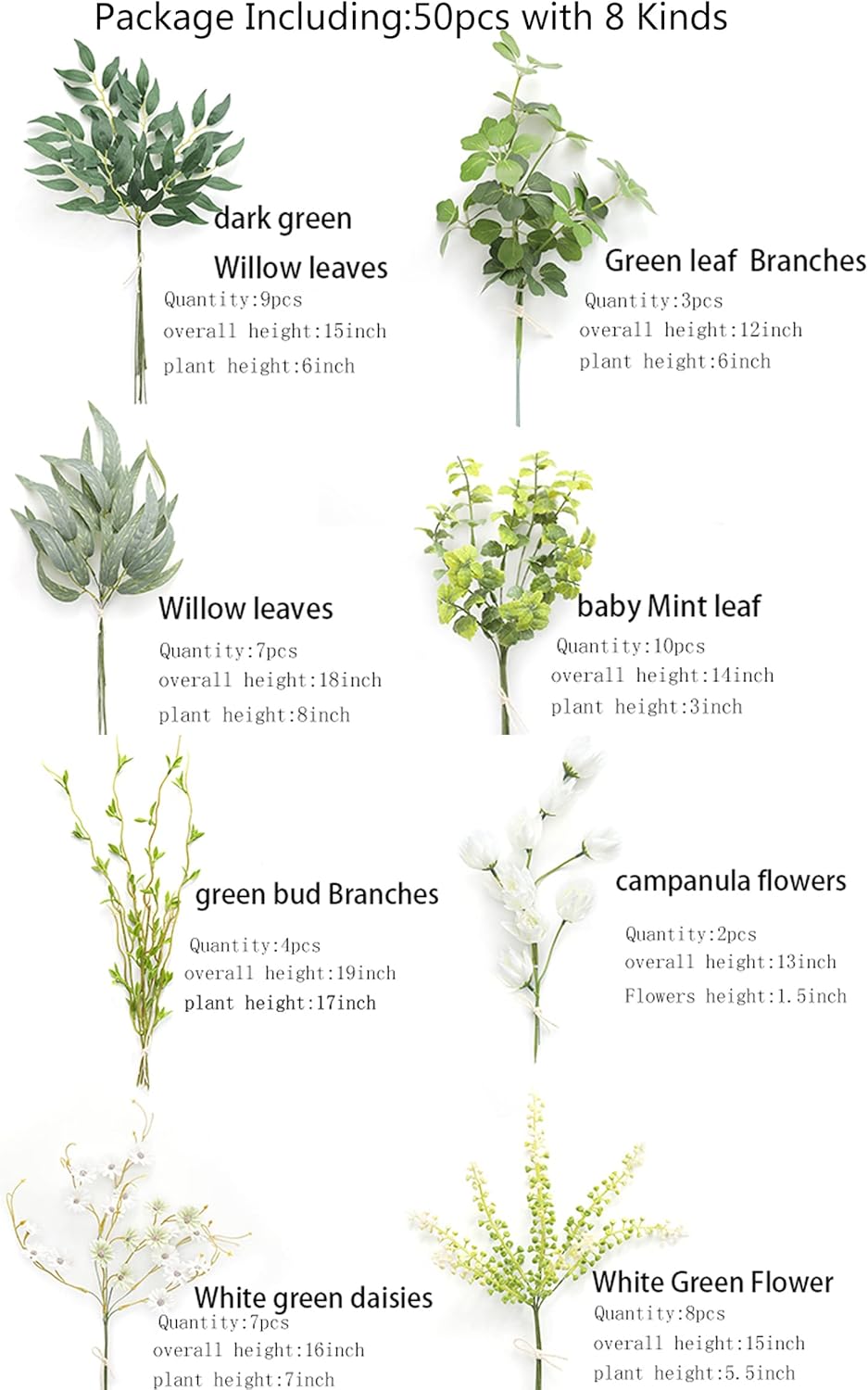 Serra Flora Artificial Greenery Spray Box Set(Pack of 50pcs) with 8 Kinds of DIY Wedding Bouquet Filler Table Centerpieces and Floral Arrangement (Spring Green)