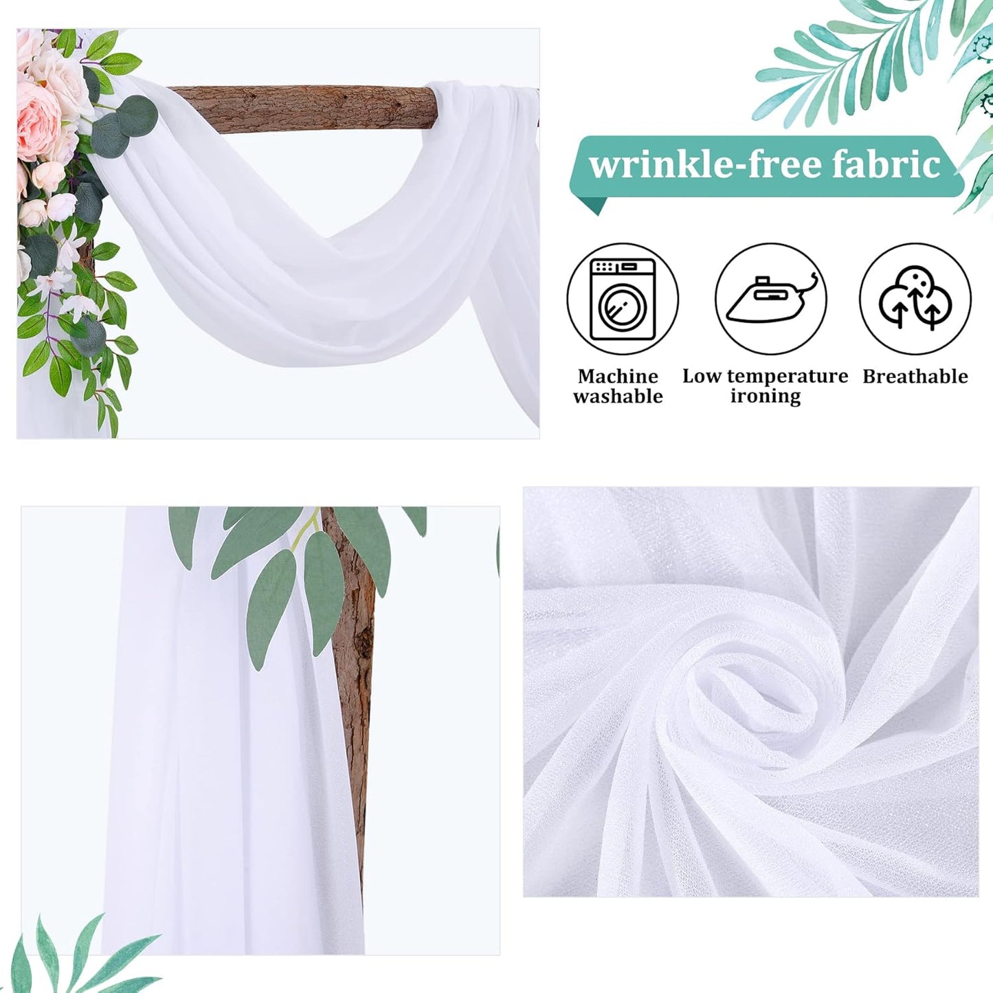 Wedding Arch Draping Fabric White Arch Drapes 6Panels Sheer Backdrop Curtain for Ceremony Wedding Arches Decor 19Ft Length x 28" Width