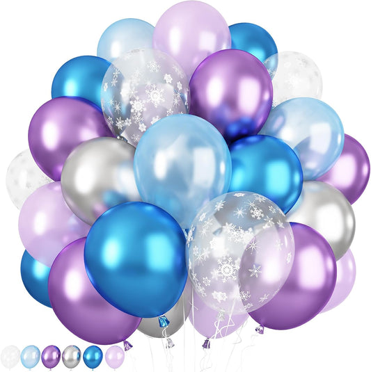 Blue Purple Silver Balloons 12 Inch Snowflake Balloons Metallic Silver Purple Blue Helium Party Balloon for Girls Birthday Ice Snow Winter Wonderland Baby Shower Christmas Party Decorations