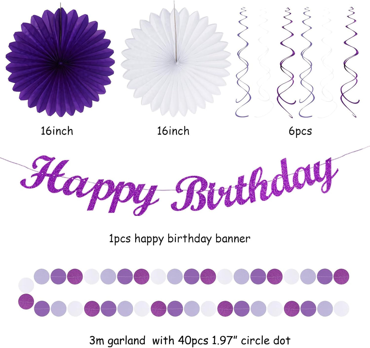 Purple Lilac-Lavender White Women Birthday Party-Decorations - 21pcs Happy Banner,Paper Lanterns,Tissue Pom Poms Flower Fan,Honeycomb Ball,Hanging Streamers Garland, Girls Decor Supplies Huglony