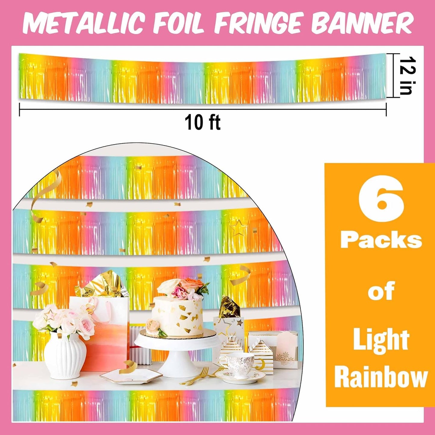 6 Pack 10 Ft Light Rainbow Foil Fringe Garland Metallic Streamers Tinsel Banner Wall Hanging Garland Backdrop for Parade Floats, Halloween, Christmas, Thanksgiving, New Year Party Decorations