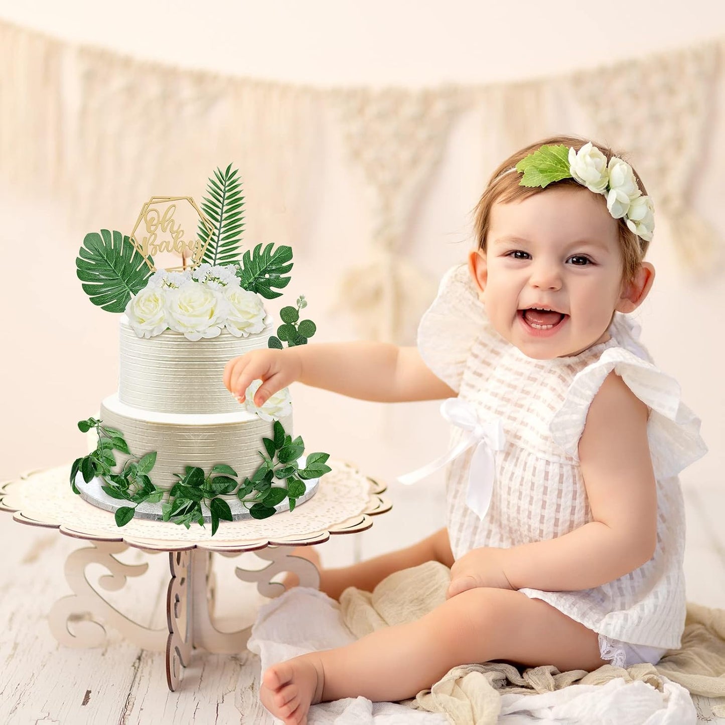 34-piece Wood Cake Topper Set - Boho Cake Decorations with Artificial Eucalyptus Leaves for Gender Reveal Parties, Birthdays, and Weddings