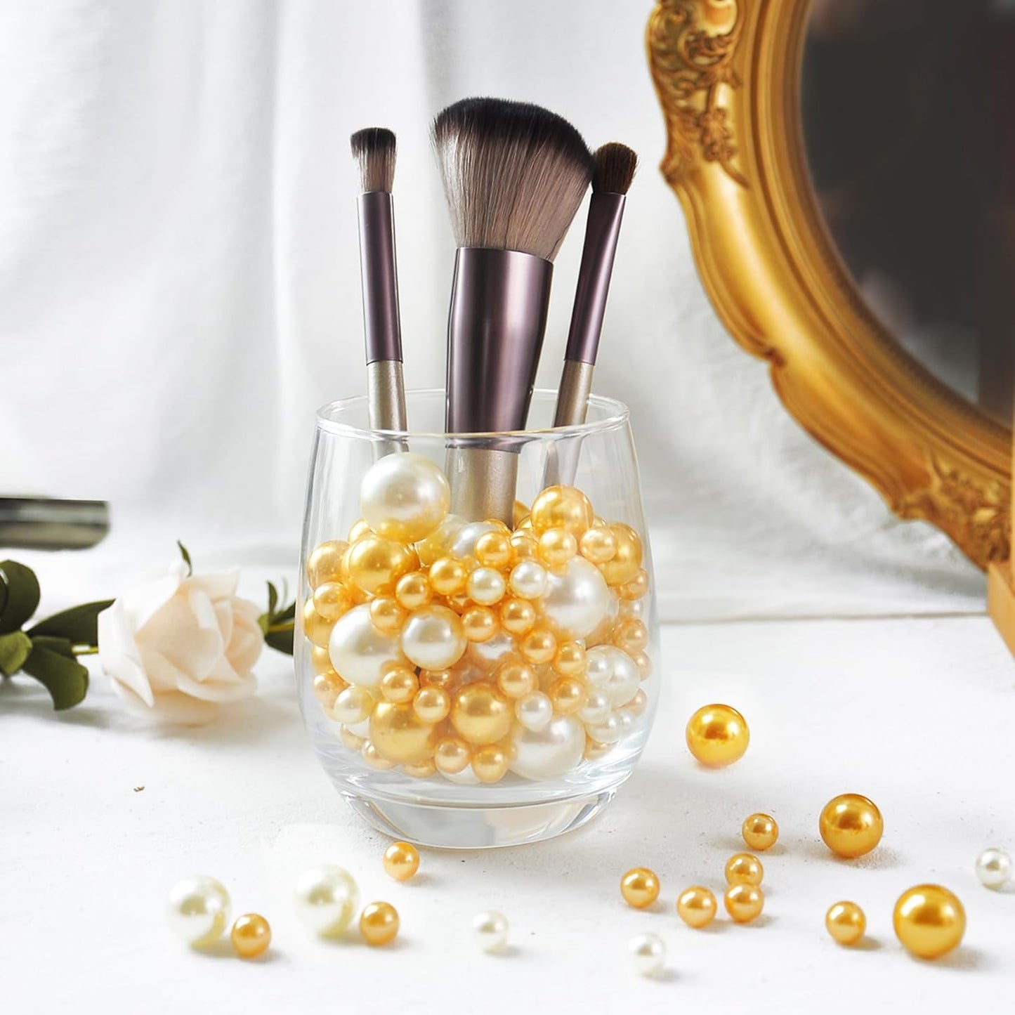 260Pcs Gold andCream Glossy Beads for Centerpiece Decor, Artifical Pearls Vase Filler, Makeup Brush Beads, No Hole Round Pearl Beads for Wedding Birthday Christmas Party Home Decor(18mm 14mm 6mm)