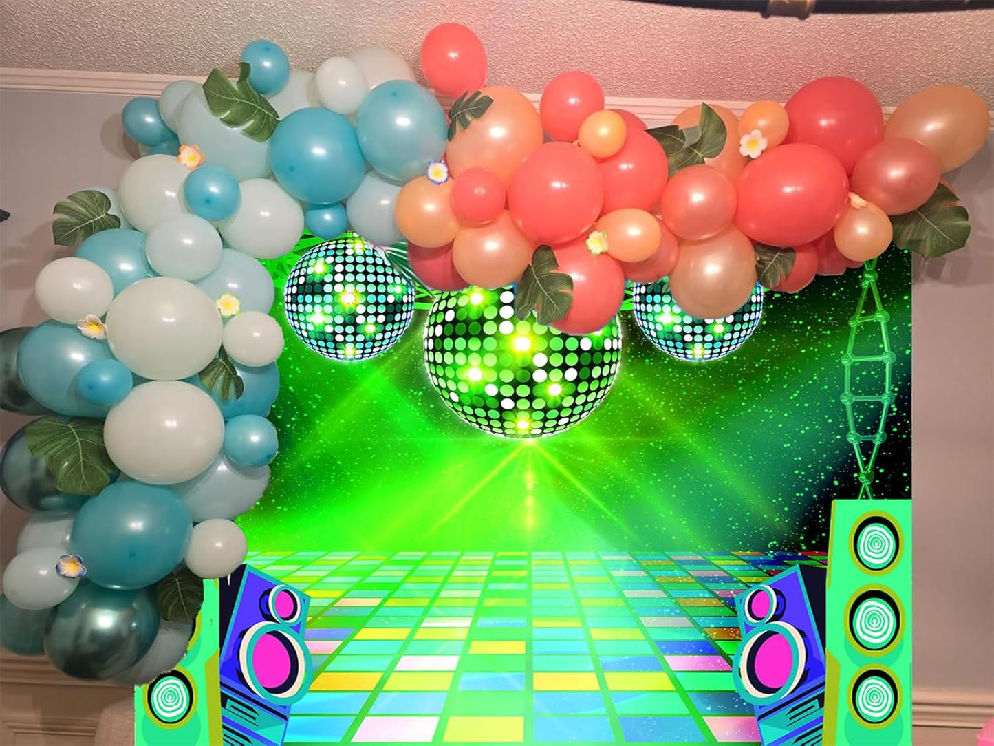 Dance Party Backdrop Retro 80s 90s Theme Stage Dance Ball Music Birthday Party Decoration DJ Photography Background 12 x 10 ft for Baby Shower Picture Photo Shoot Polyester Fabric, Green