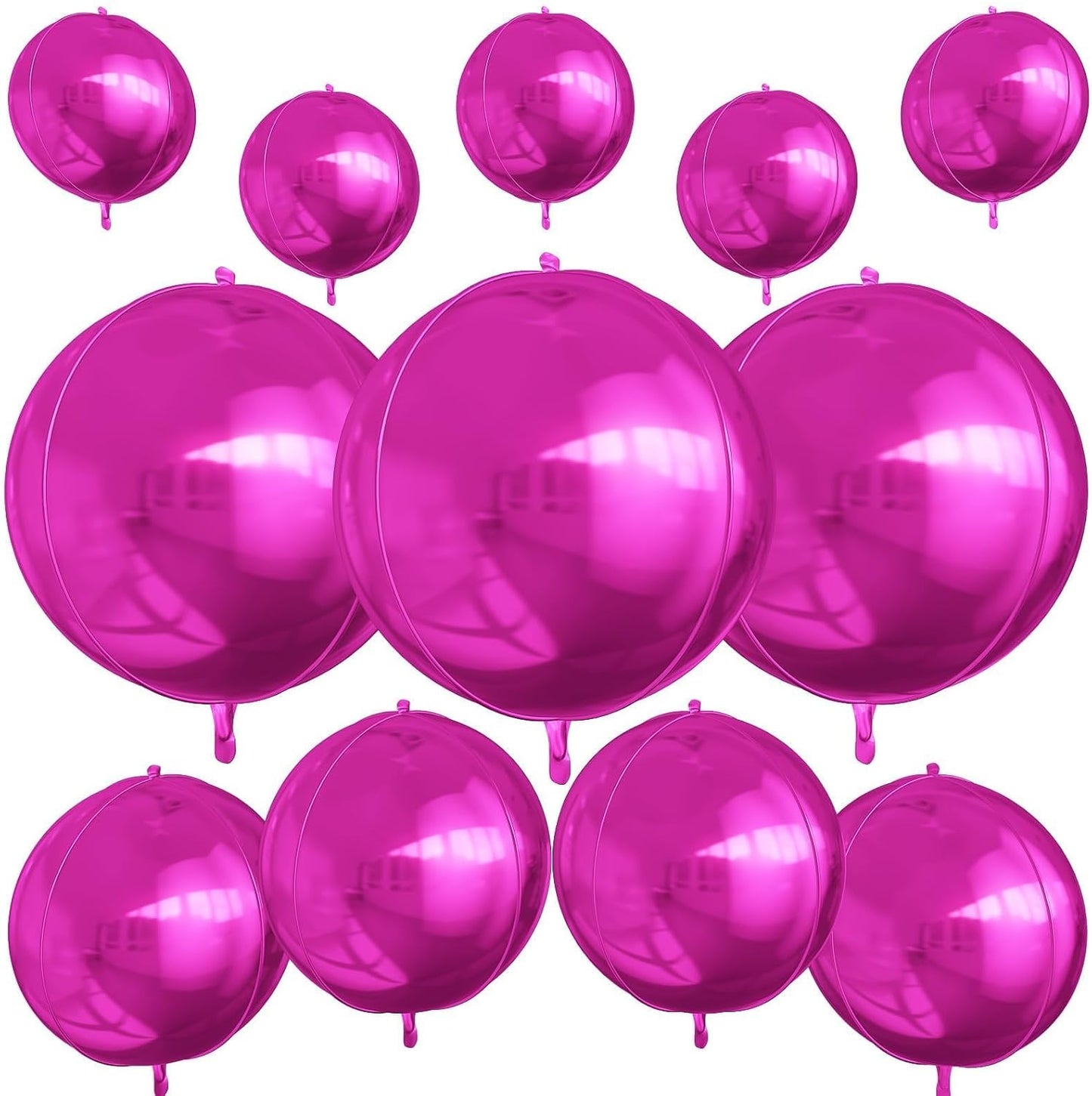 12Pcs Hot Pink Round Foil Balloons, 22" 15" 10" 4D Helium Ball Balloon, Metallic Pink Foil Balloon for Birthday Graduation Wedding Anniversary New Year Eve Disco Prom Party Decorations