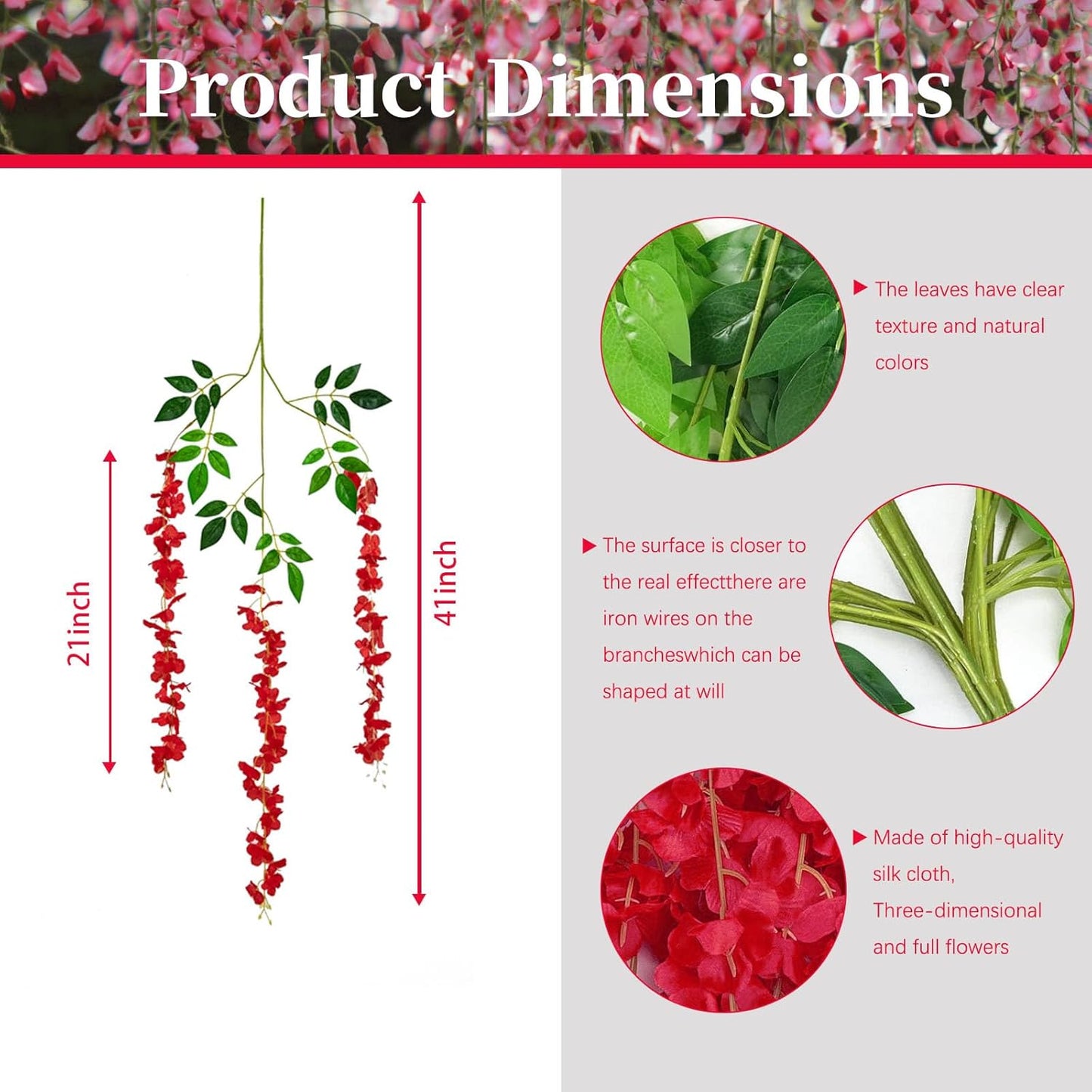 24 Pack Red Wisteria Hanging Flowers, 3.4 Ft Fake Hanging Flowers, Artificial Wisteria Garland Vines for Wedding Room Backdrop Outdoor Patio Garden Decoration