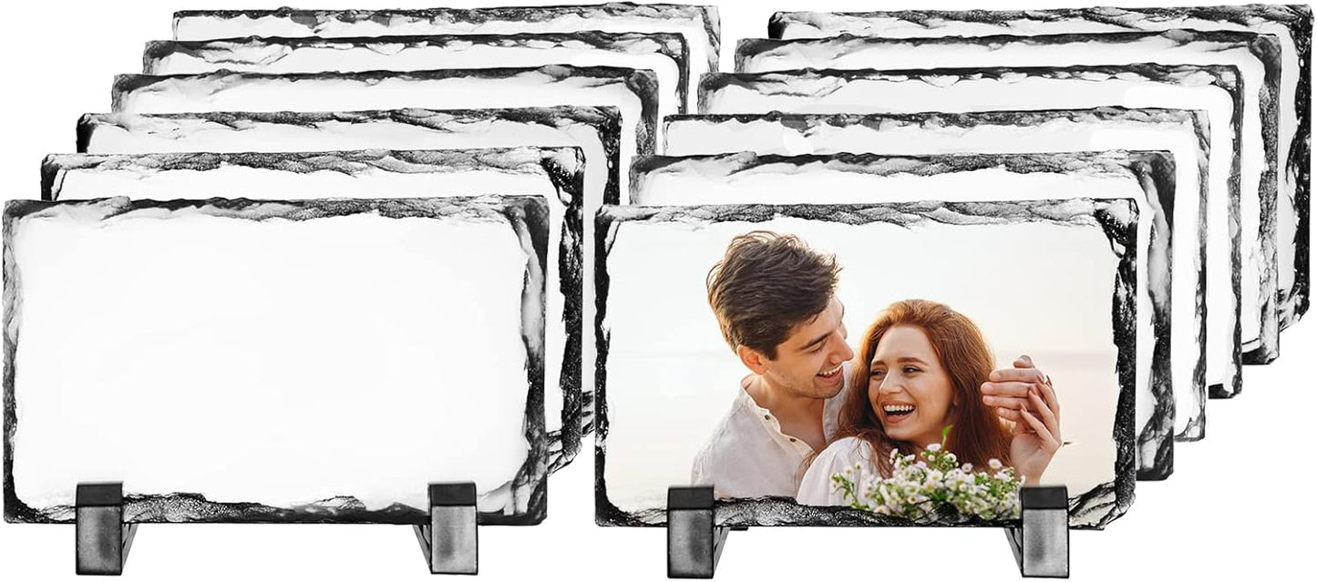 PYD Life 12 Pack Sublimation Photo Slates Rock Blanks 3.5 x 5.5 Inch Bulk Stone Frame White with Display Holder for Heat Transfer Printing