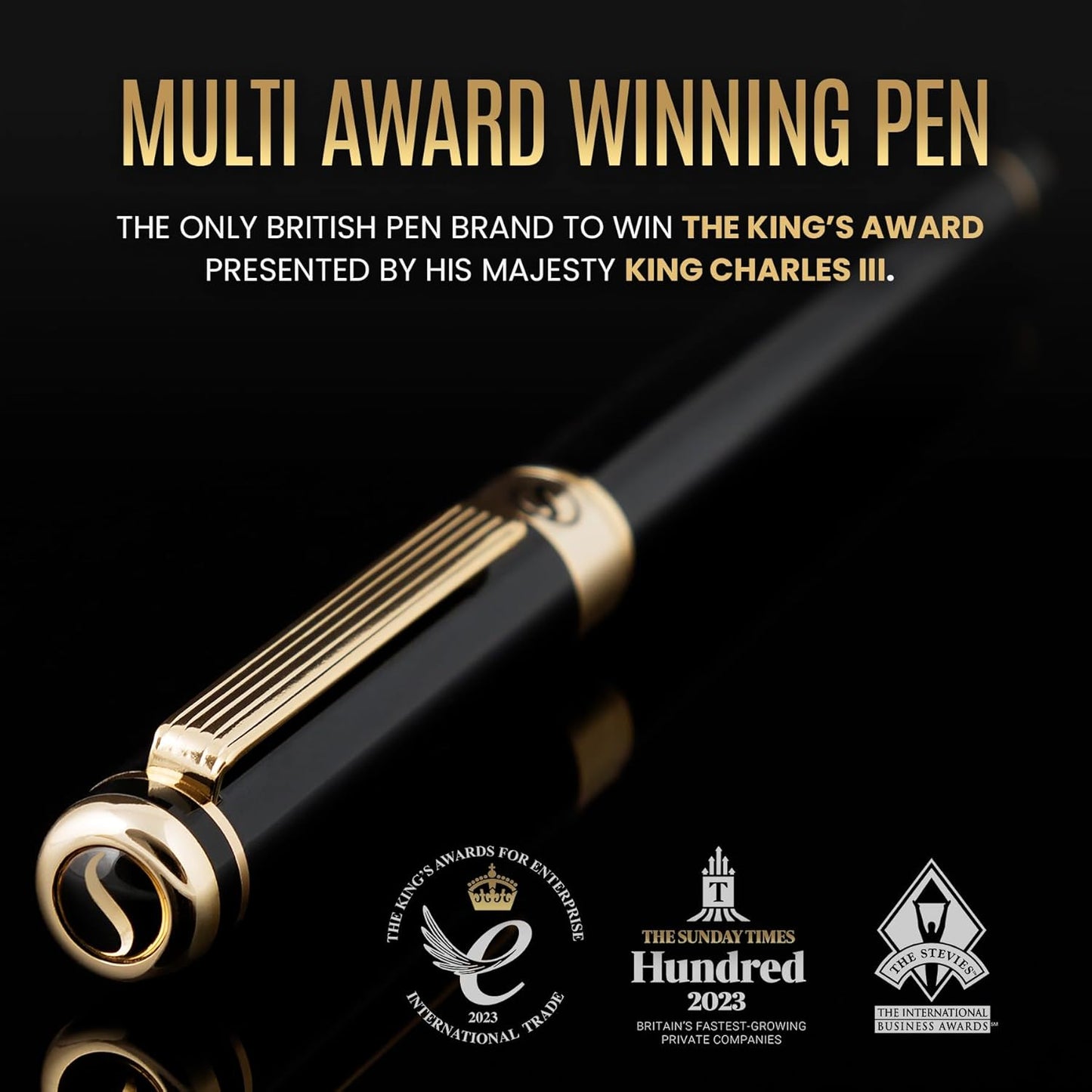 Scriveiner Black Lacquer Fountain Pen - Stunning Luxury Pen, Real Gold Finish, Schmidt Gilded Nib (Broad), Best Pen Gift Set for Men & Women, Professional, Executive, Office, Nice Pens