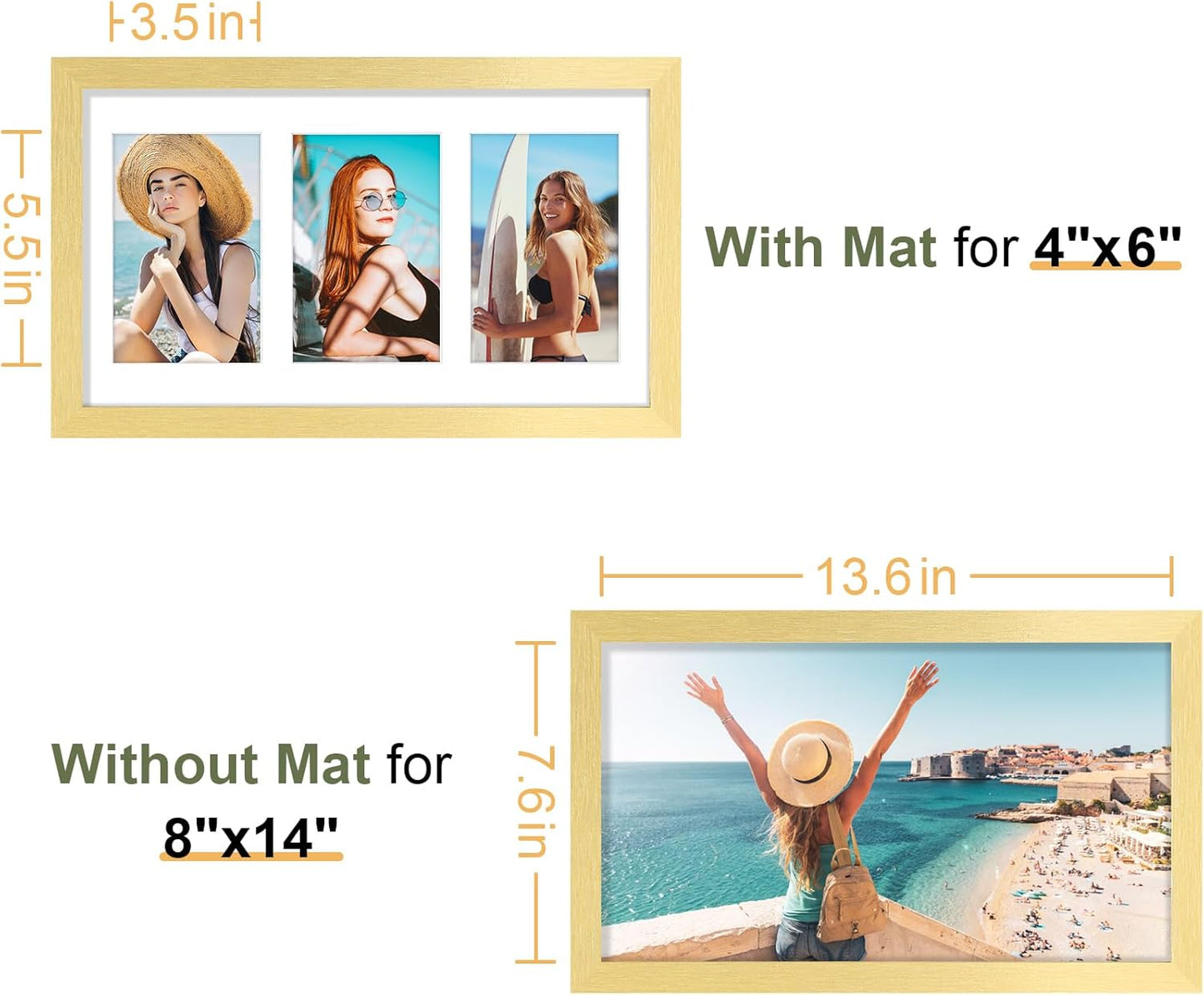 Vittanly 8x14 Picture Frames Collage, Displays 3Pcs 4x6 Pictures with Mat, Collage Picture Frame for Horizontal or Vertical Display, Gold, 1 Pack