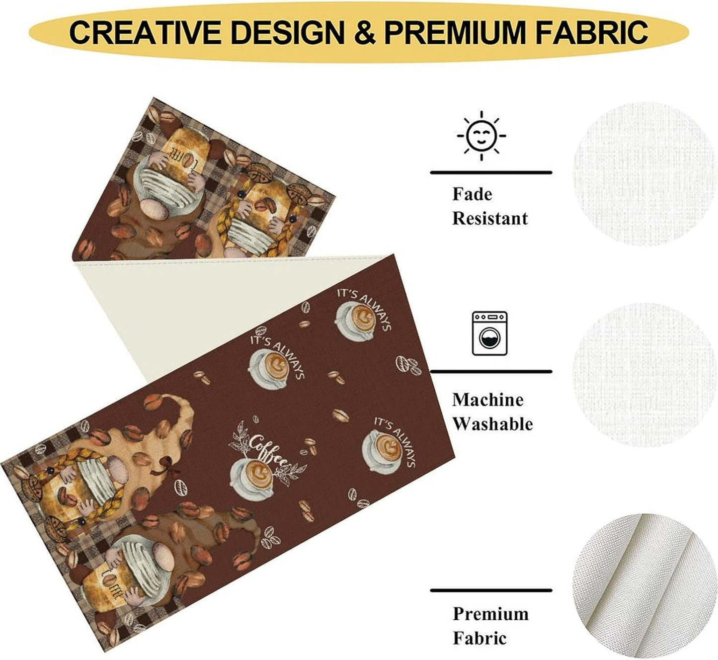 Coffee Time Table Runner, Farmhouse Retro Gnome Coffee Cup Tea Party Cafe Brwon Table Center Decor for Home Kitchen Dining Patio Holiday Party Indoor Outdoor Table Decorations,13"x90" Inch